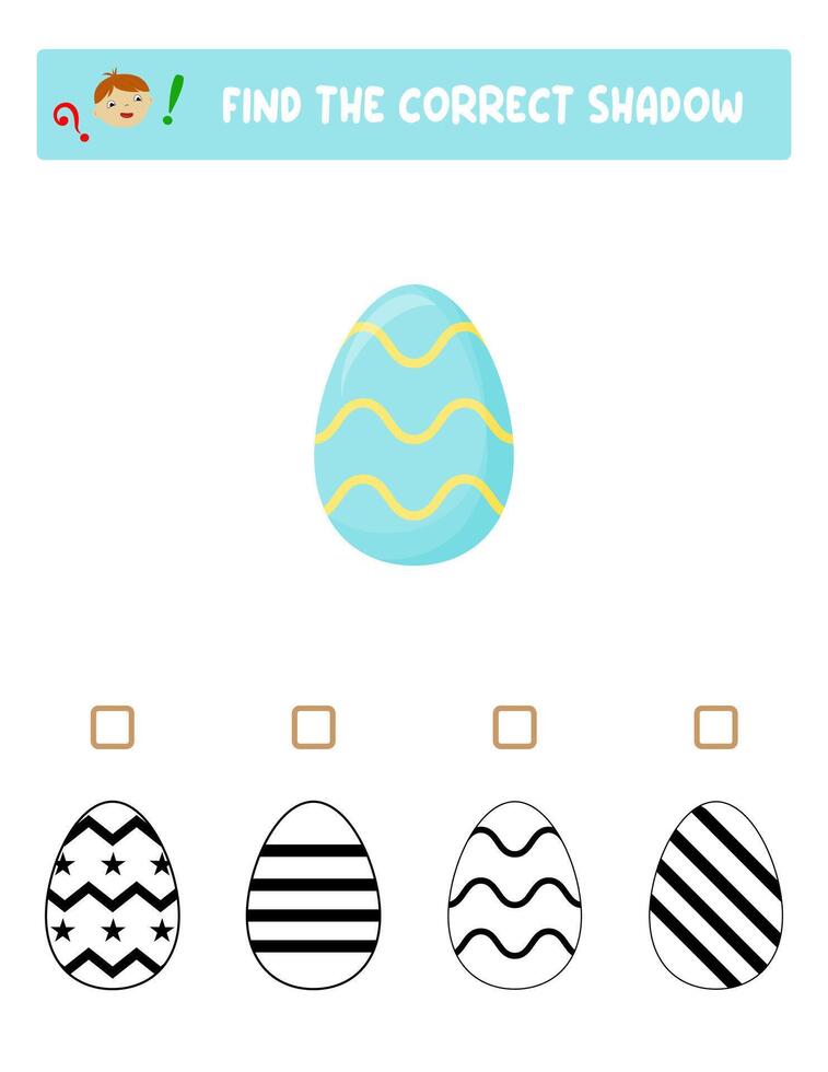 Find the right shadow. Colorful and black and white Easter eggs.Educational game with eggs. Logic games for children with an answer.A training card with a task for preschool and kindergarten children. vector