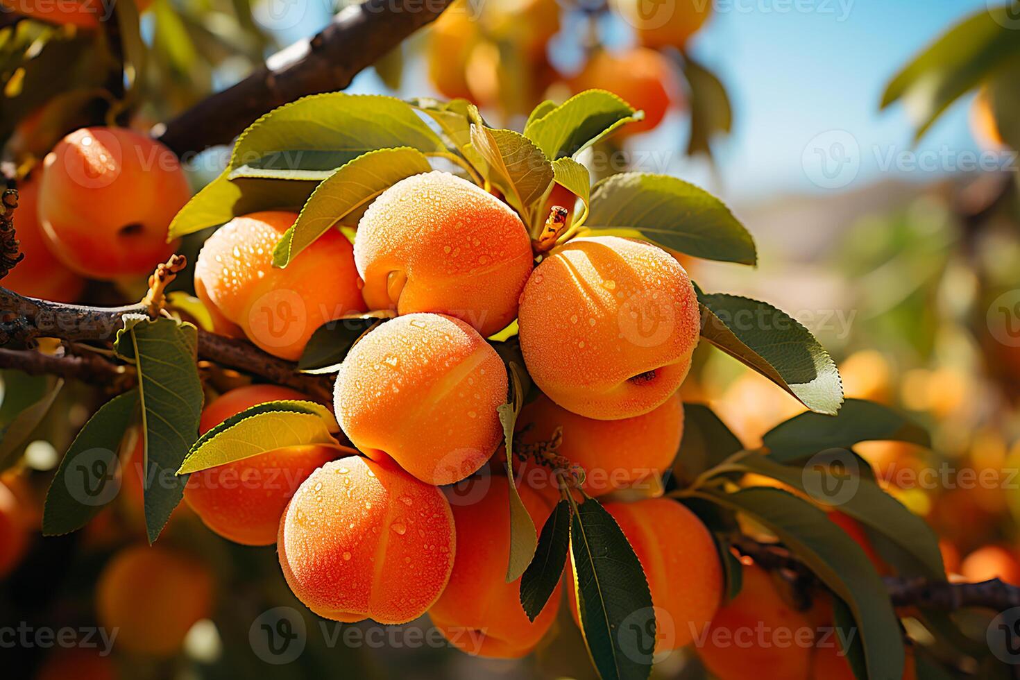 AI generated Fresh and wet apricots on the tree.Close up view in sunlight photo