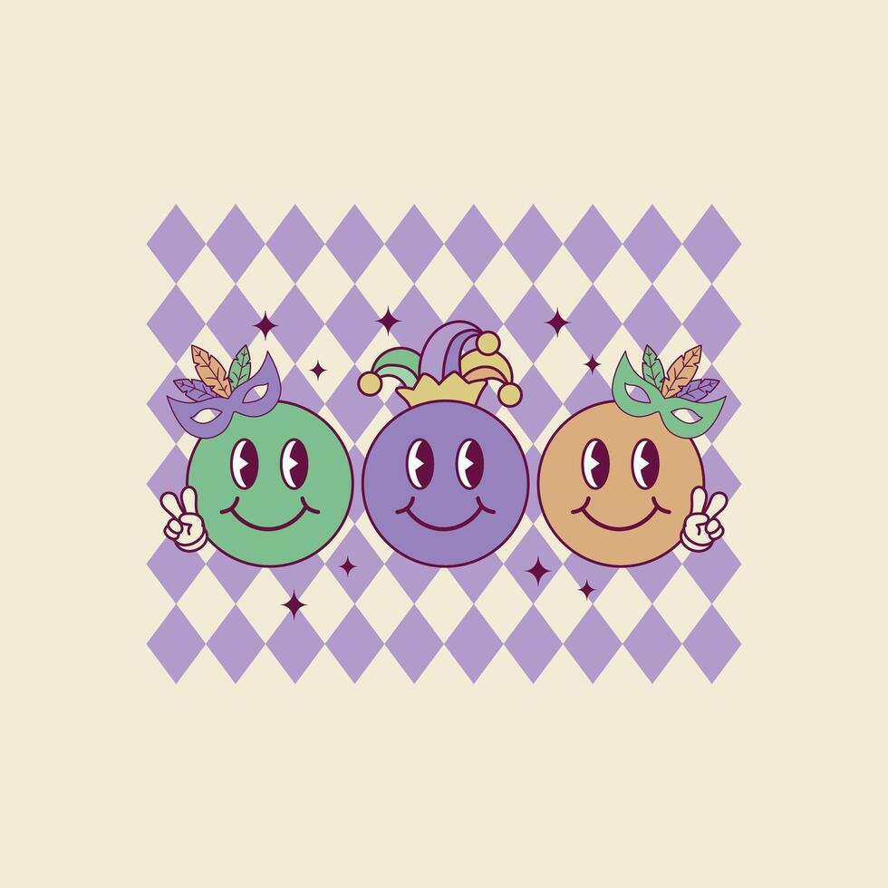 cute retro illustration of happy faces for mardi gras parties vector