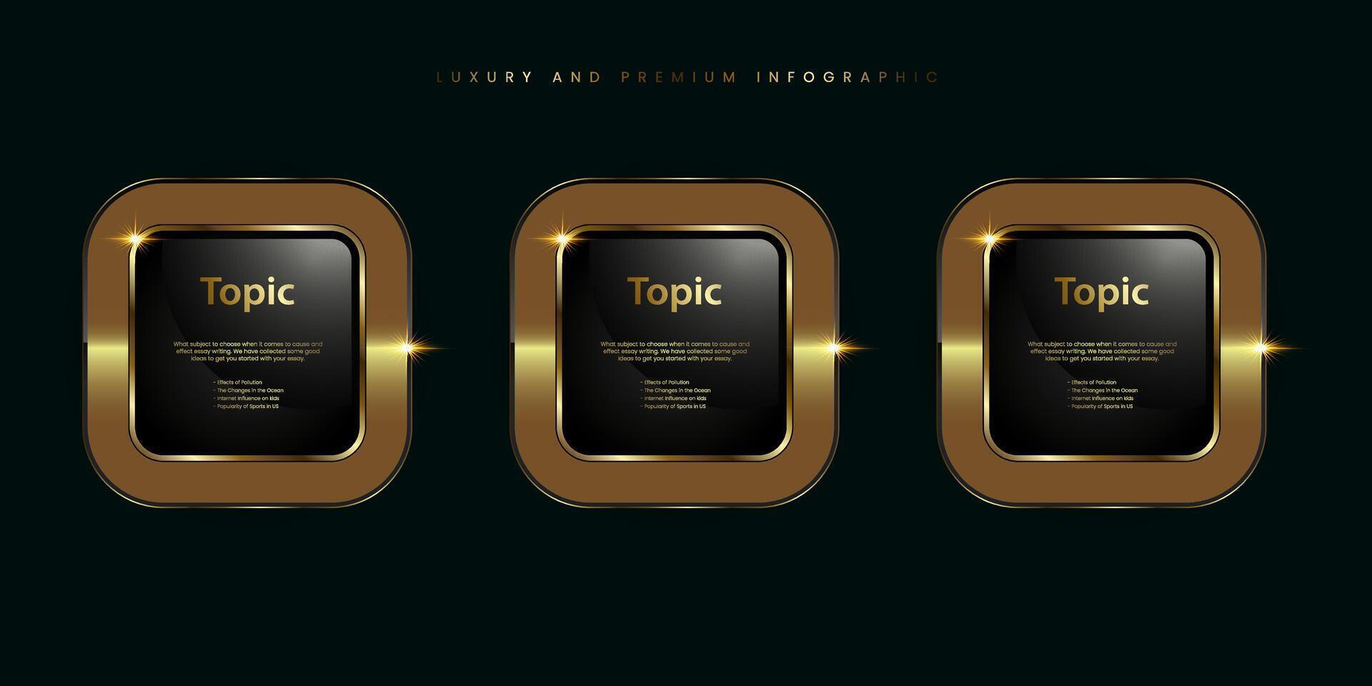 Three Premium and Luxury, Gold shiny infographic button, metallic golden infographic, vector icon on black background