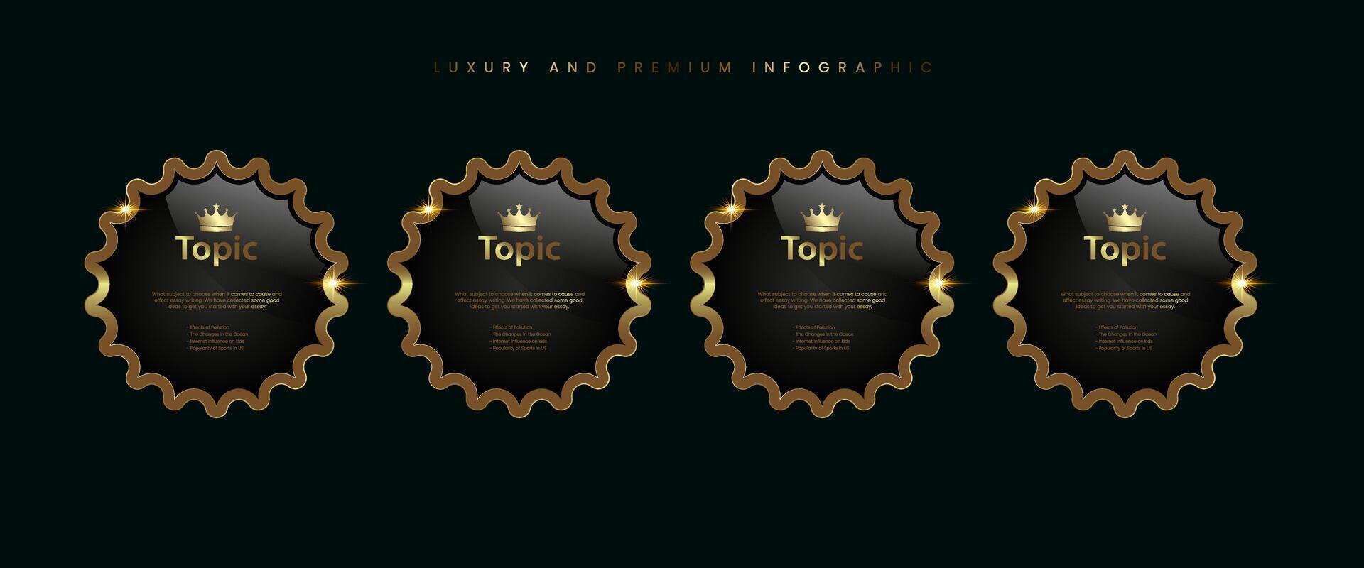 Set of Luxury, premium quality banner crown gold black metallic round badge, a Gold shiny button, metallic golden infographic, vector icon on Dark