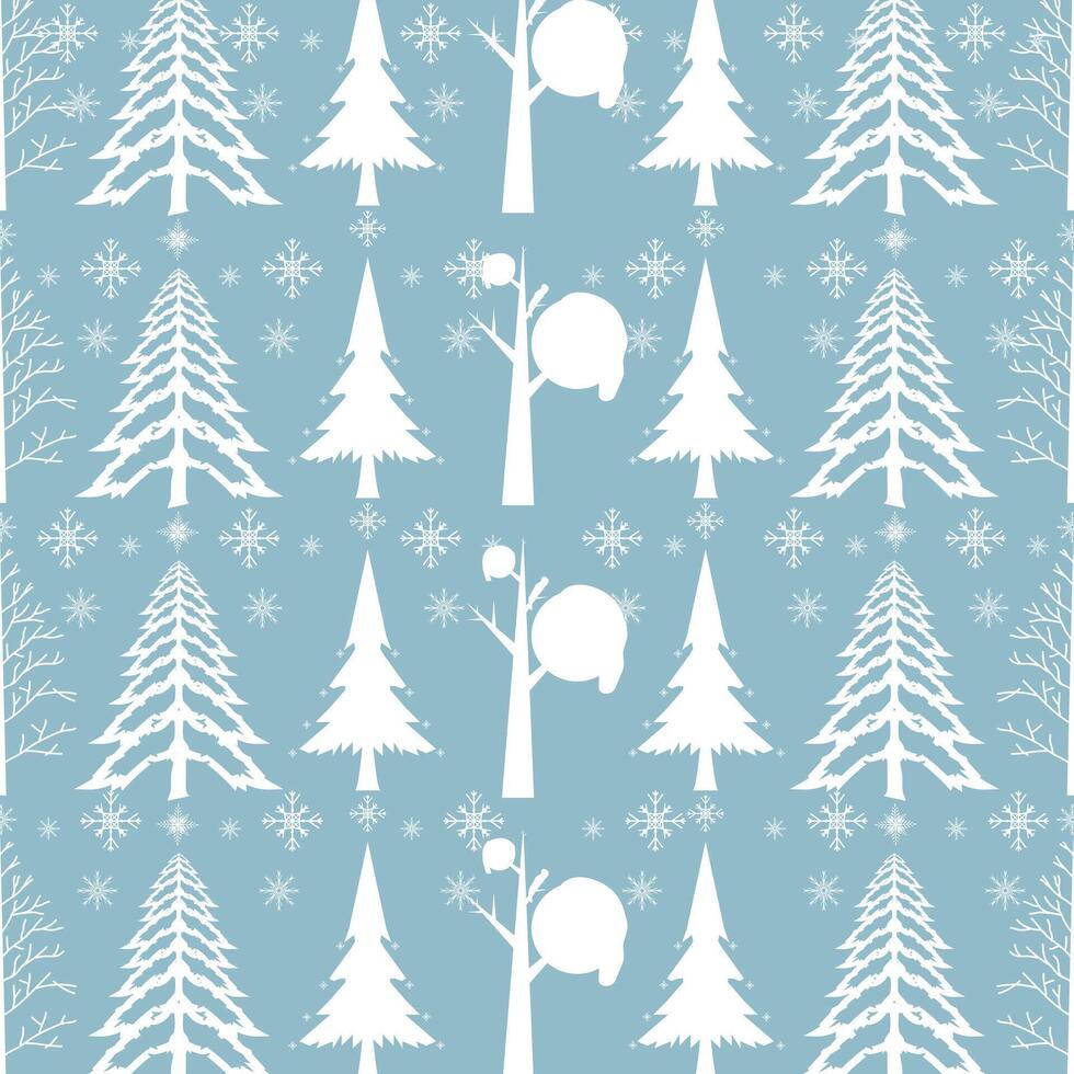 Seamless pattern with winter trees and Chistmas trees pattern, with snow on it and Set of winter trees on blue background vector