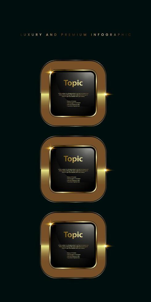 conjunto de Tres prima y lujo, oro brillante infografía botón, metálico dorado infografía, vector icono en negro antecedentes