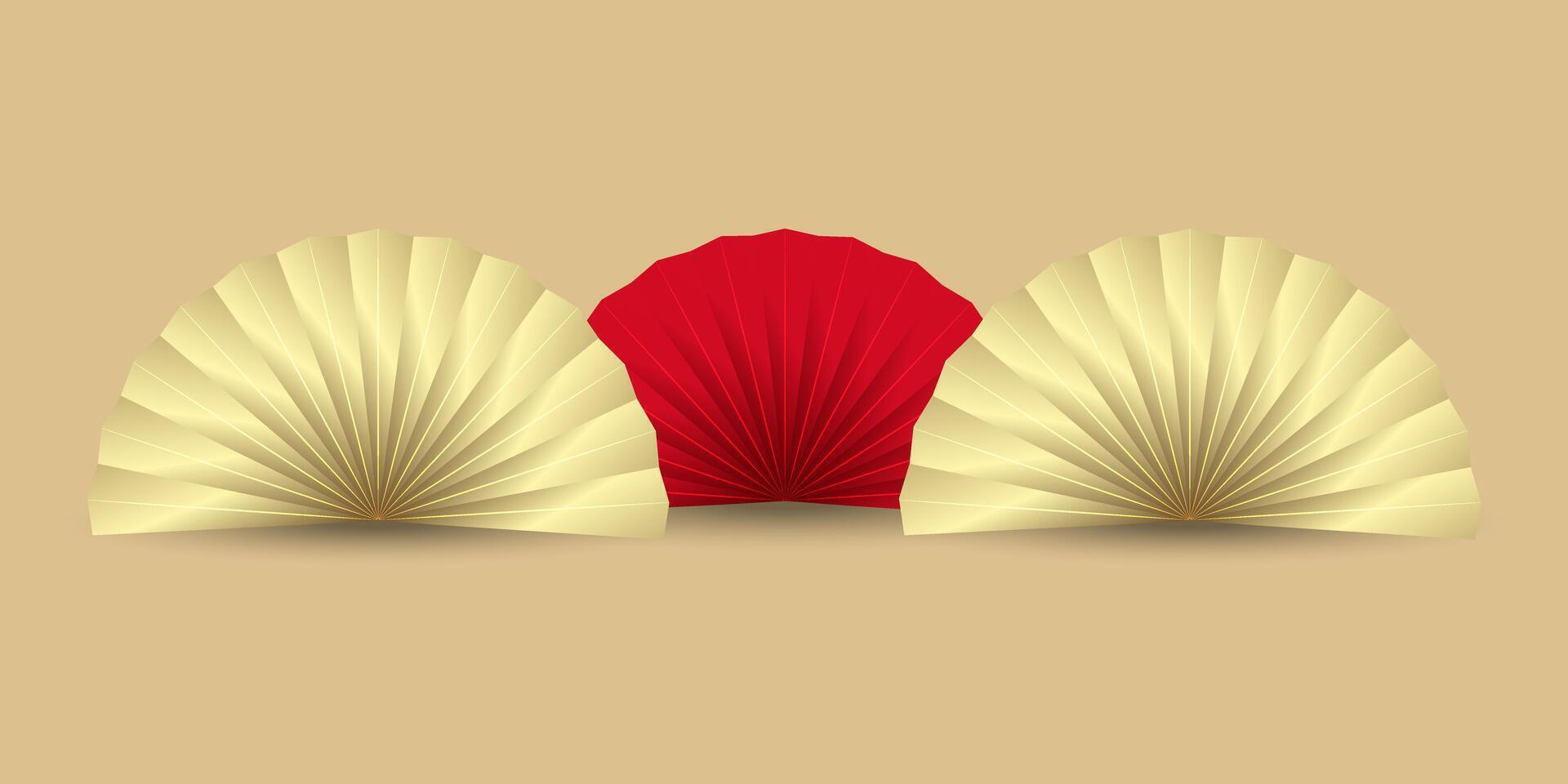 Group of three Chinese new year elements, fan, red and gold objects for product demonstration. Three luxury Chinese fan pedestal or podium with folding fans on gold background vector