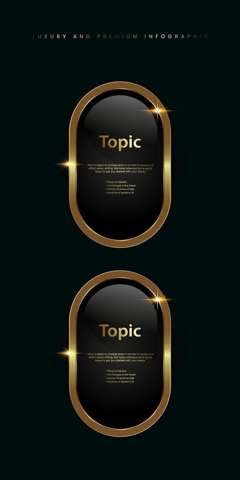 dos lujo, oro brillante botón, metálico dorado infografía, vector icono en oscuro, plato botón de elipse forma con dorado marco vector ilustración