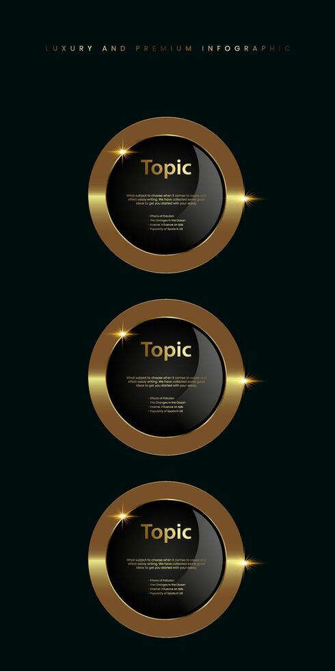 Group of three Luxury, Gold shiny button, metallic golden infographic, vector icon on Dark background