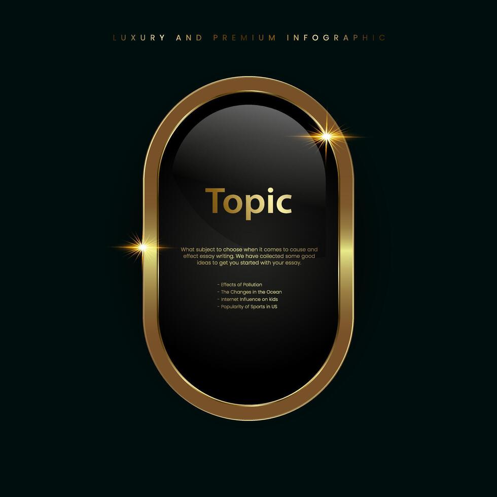 Luxury, Gold shiny button, metallic golden infographic, vector icon on Dark, plate button of ellipse shape with golden frame vector illustration. Realistic isolated website element