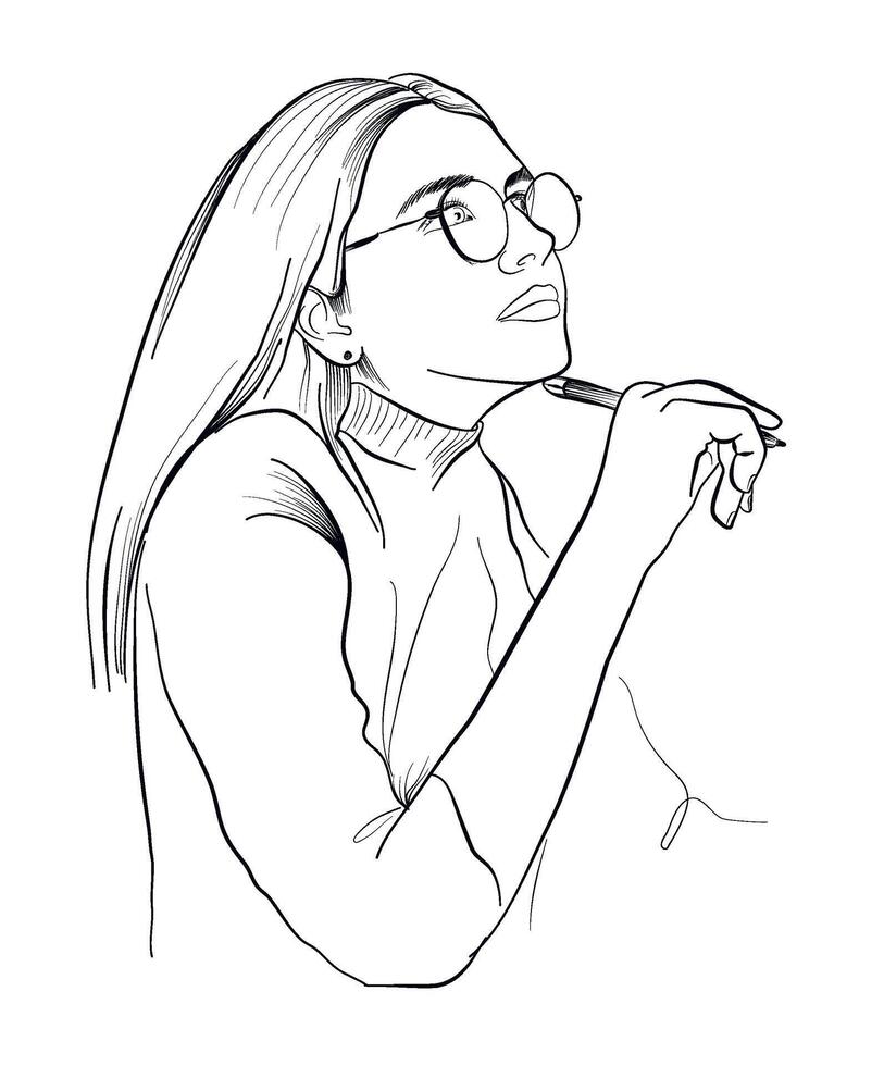 A hand-drawn drawing of a thoughtful girl with glasses holding a pen in her hand vector