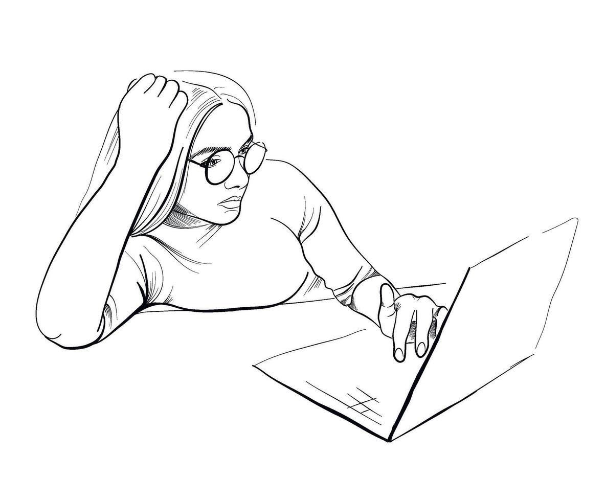 a girl with glasses looks at a laptop screen vector