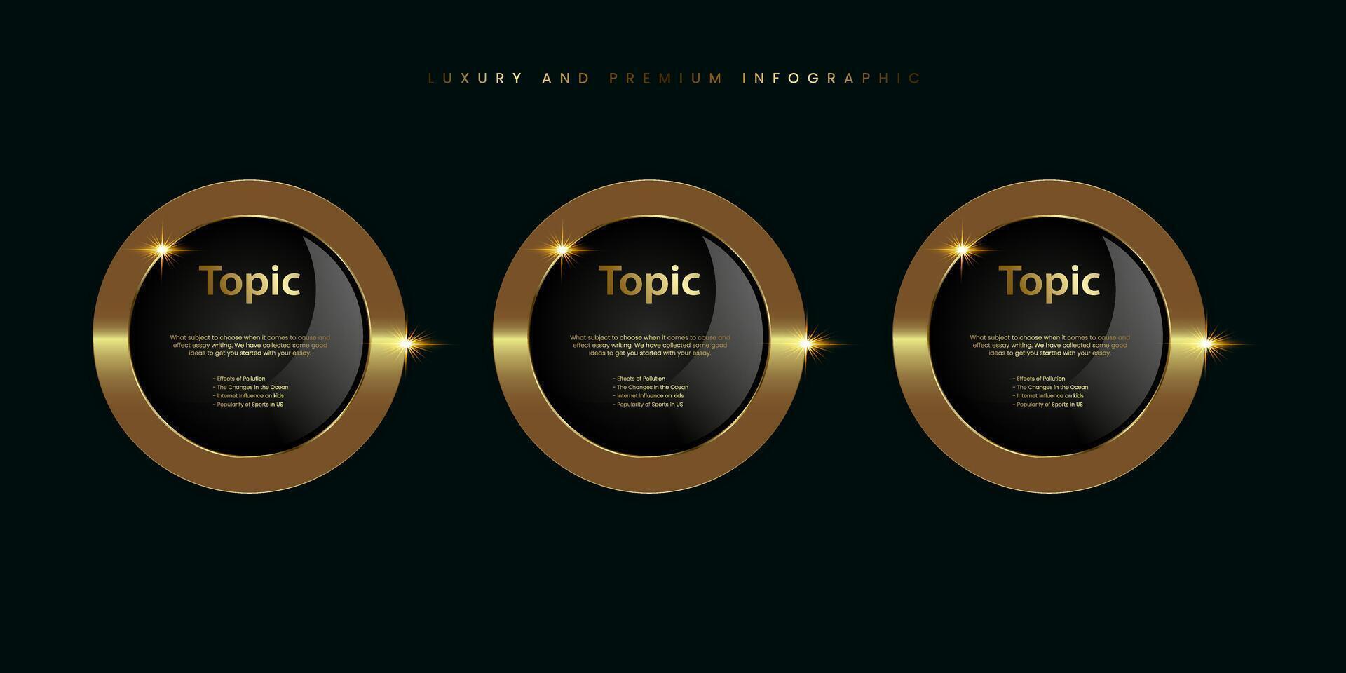grupo de Tres lujo, oro brillante botón, metálico dorado infografía, vector icono en oscuro