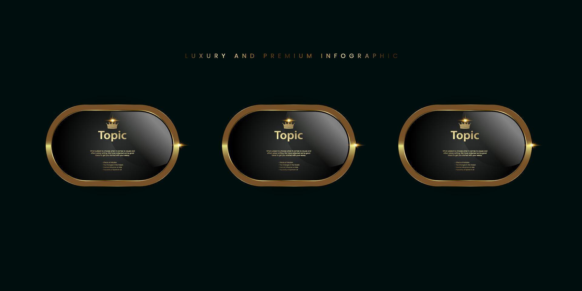 Three premium quality banners with crown, 3 gold black metallic round badge, a Gold shiny button, set of three metallic golden infographics, vector icon on Dark