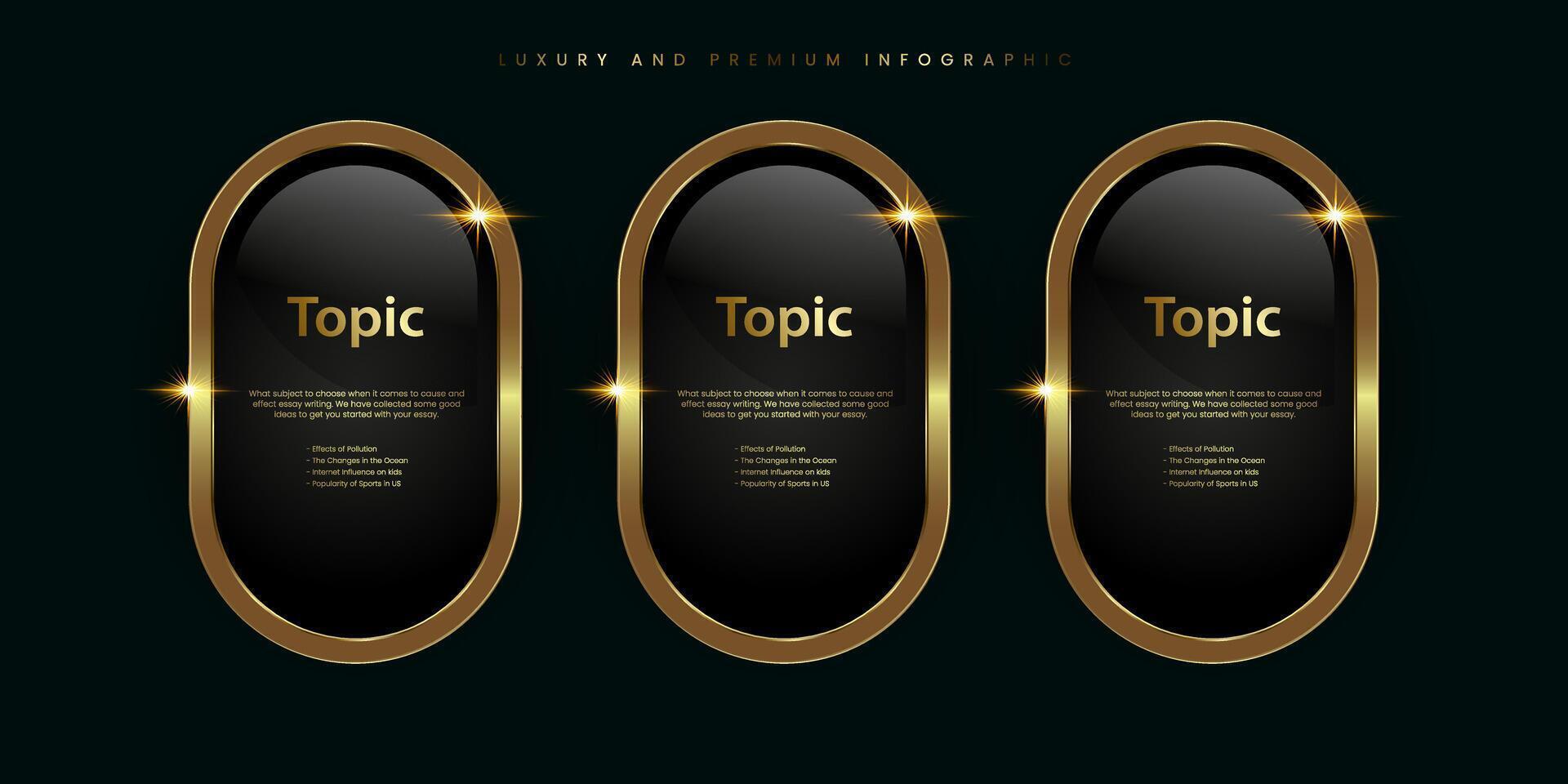 Group of three Luxury, Gold shiny button, metallic golden infographic, vector icon on Dark, plate button of ellipse shape with golden frame vector illustration