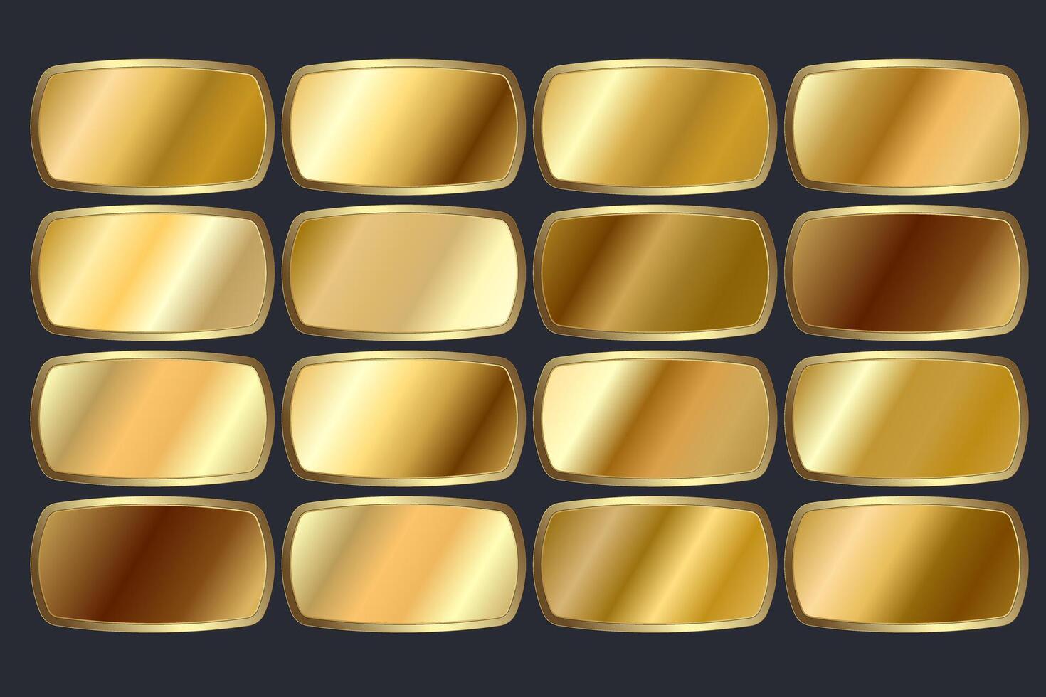 set of metallic gold gradients and Gold shape buttons, group of luxury gold color swatches on isolated white. Vector illustration. Gold shape symbol, premium buttons
