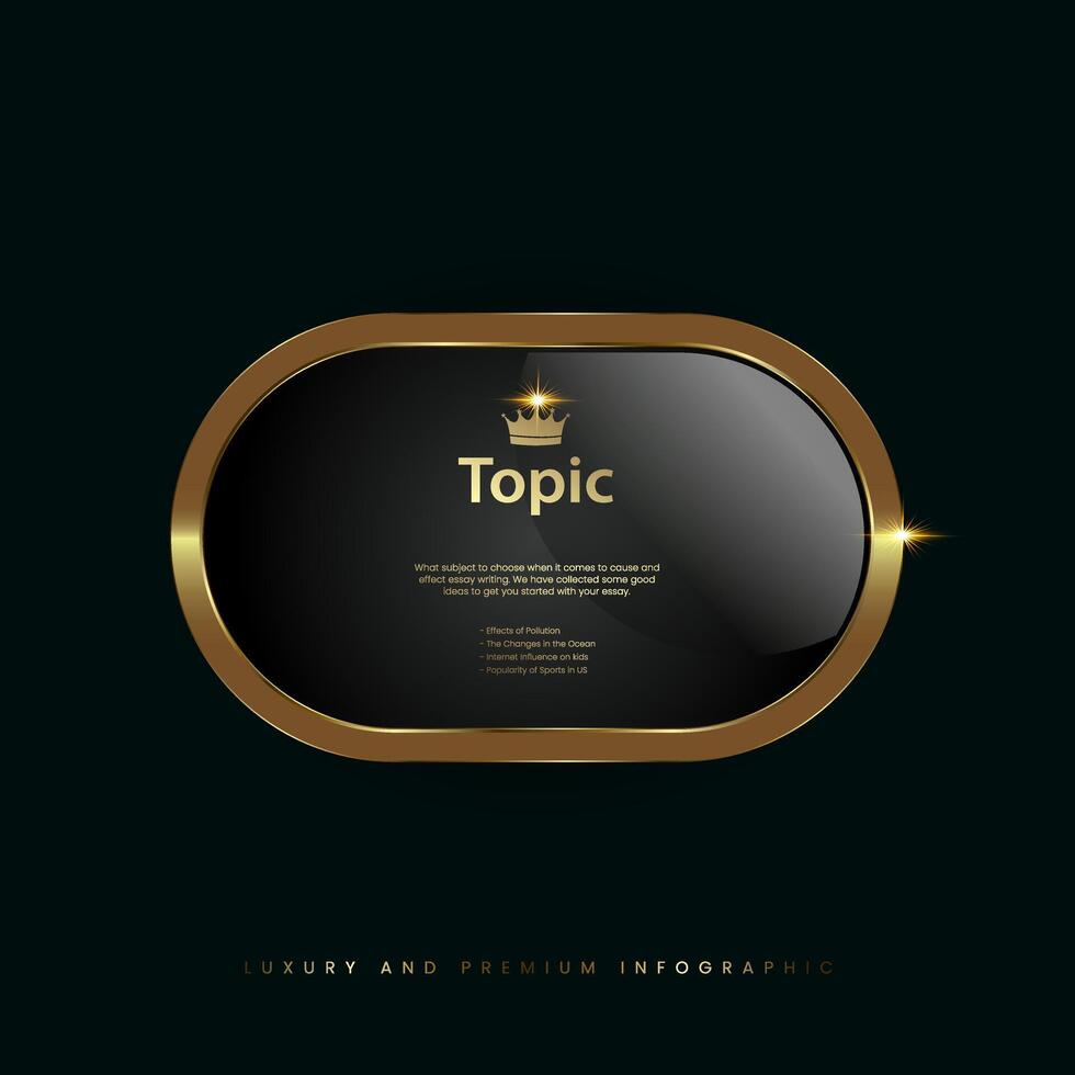 A premium quality banner with crown, gold black metallic round badge, a Gold shiny button, metallic golden infographic, vector icon on Dark BG