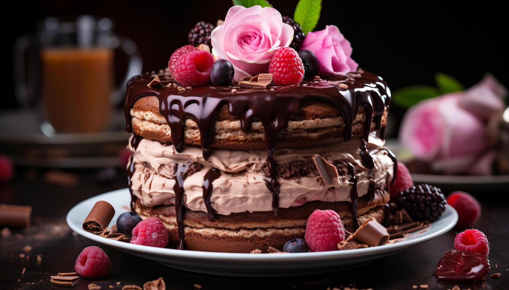AI generated Homemade chocolate cheesecake with fresh raspberry and strawberry decoration generated by AI photo