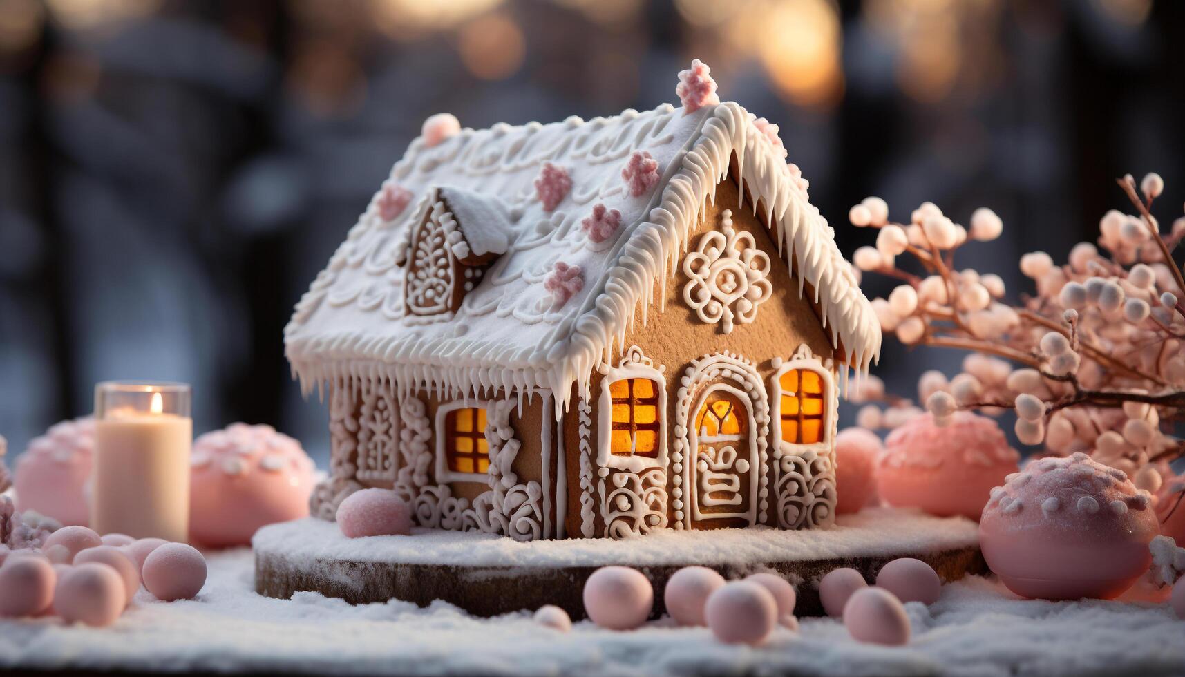 AI generated Homemade gingerbread house, a sweet winter tradition with cute decorations generated by AI photo