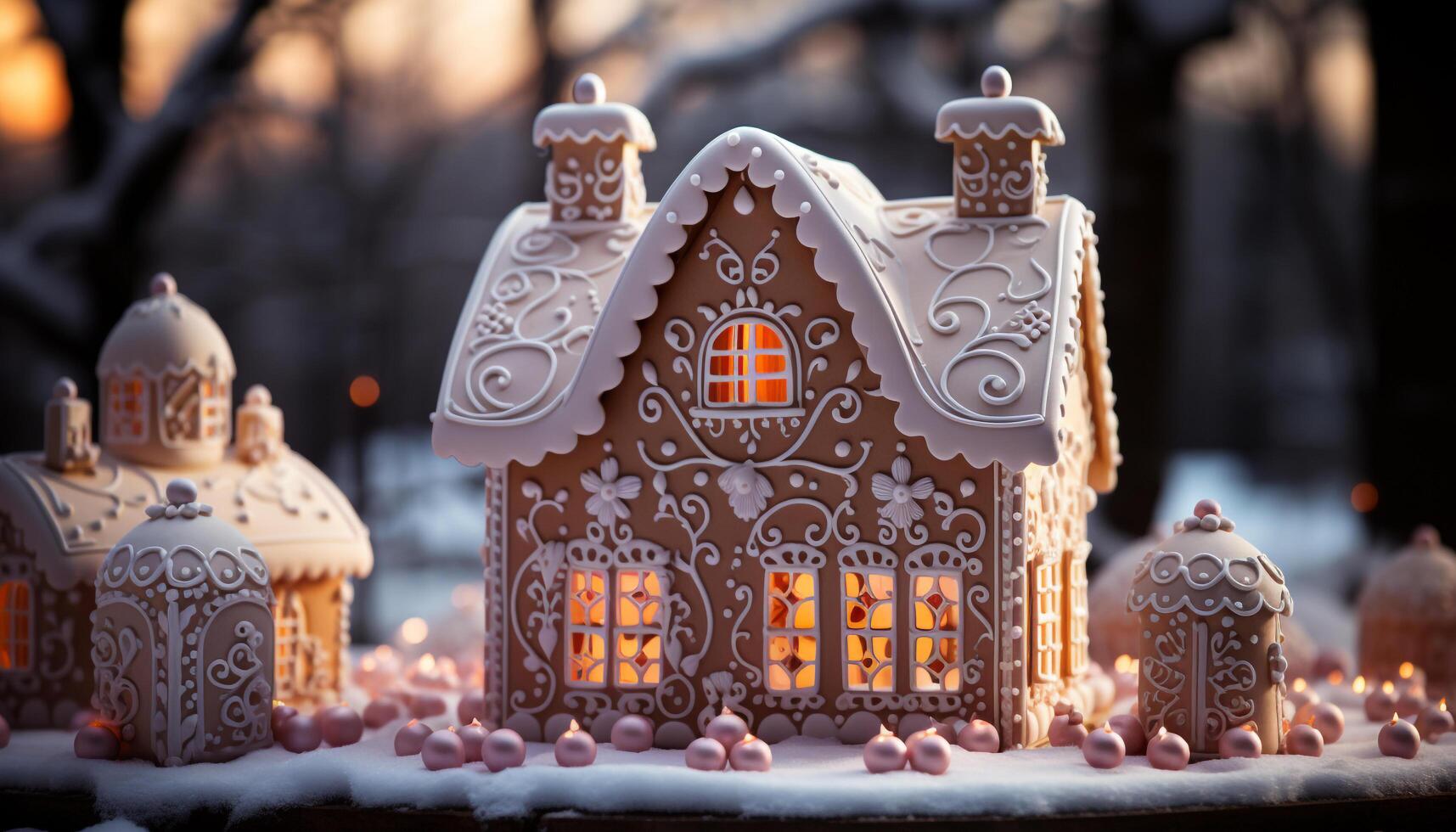 AI generated Homemade gingerbread cookies with icing, snowflake decoration, and candy generated by AI photo