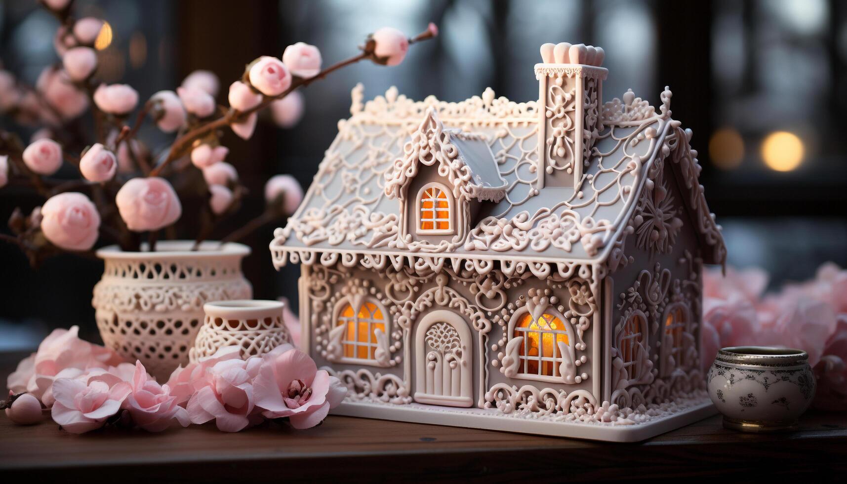 AI generated Homemade gingerbread house decoration on wood table, winter celebration generated by AI photo