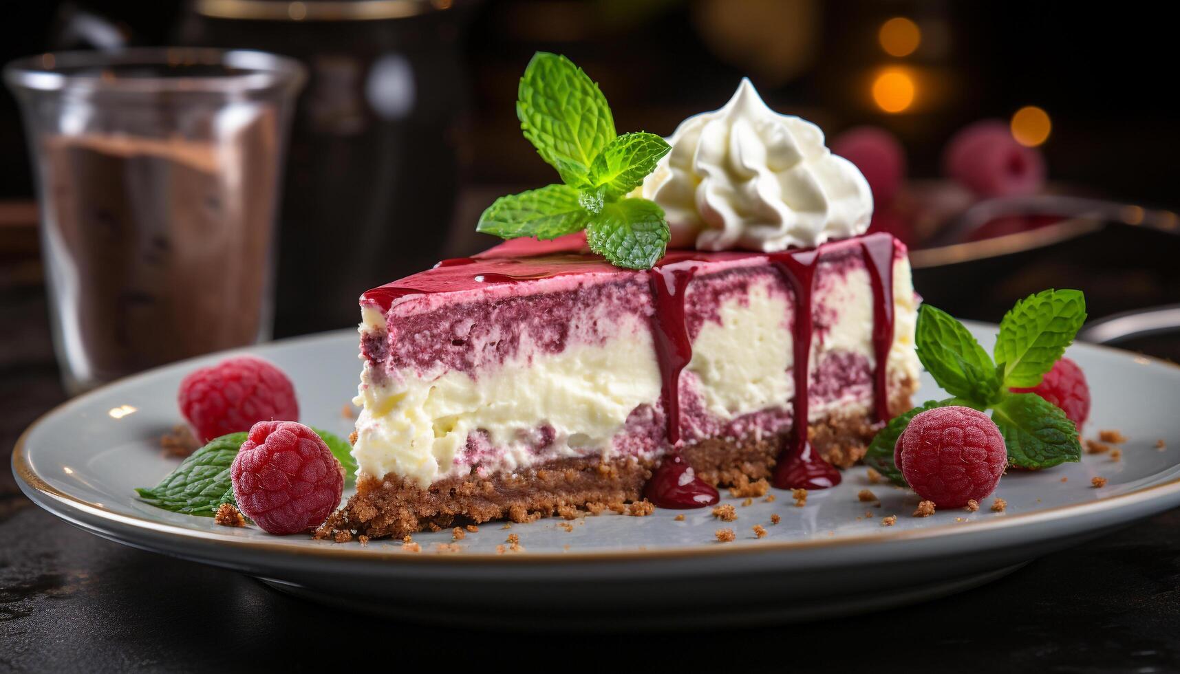 AI generated Homemade gourmet dessert Raspberry cheesecake with chocolate and mint generated by AI photo