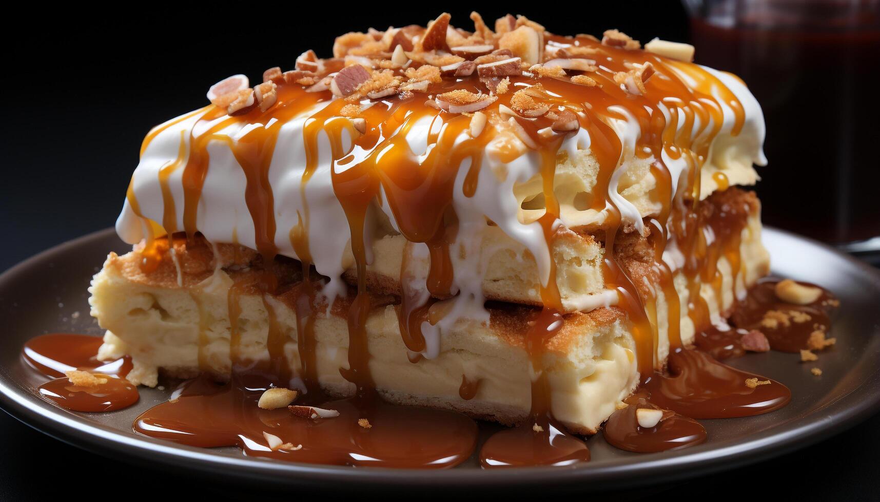AI generated A plate of gourmet dessert, sweet slice of chocolate cream generated by AI photo