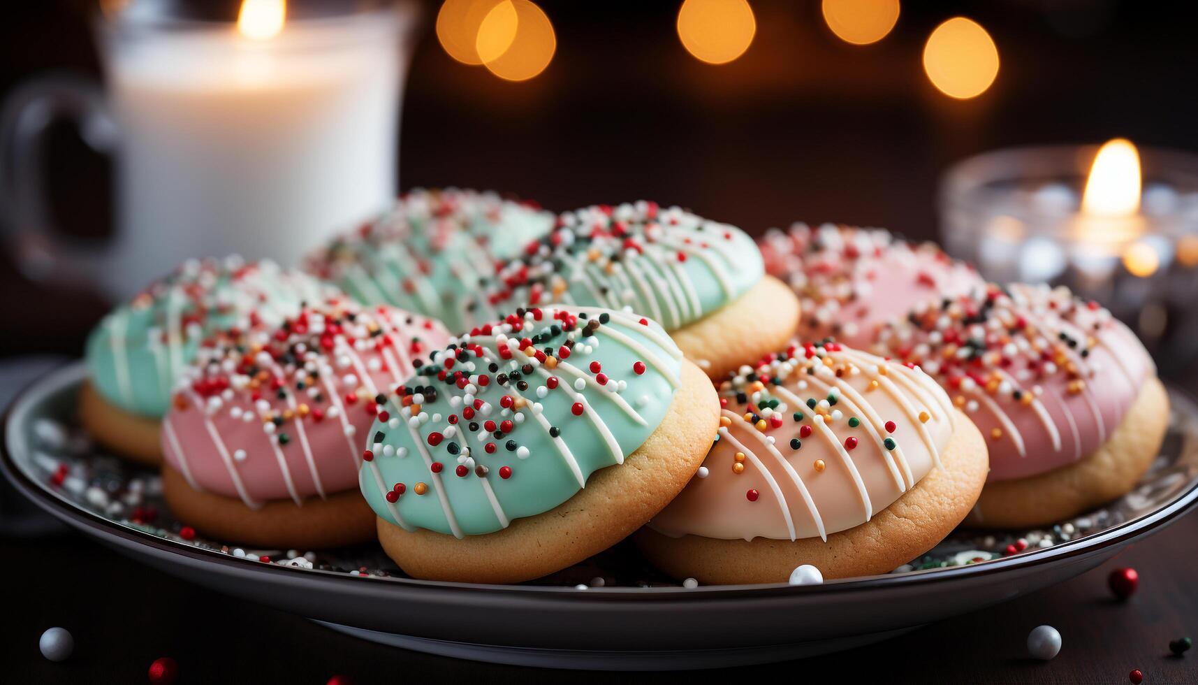 AI generated Indulgent gourmet dessert chocolate cookie with colorful icing generated by AI photo