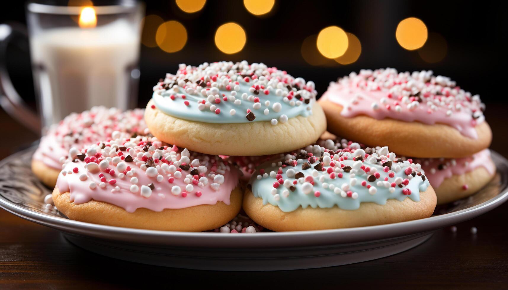 AI generated Homemade dessert table chocolate donut, strawberry cream, colorful decorations generated by AI photo