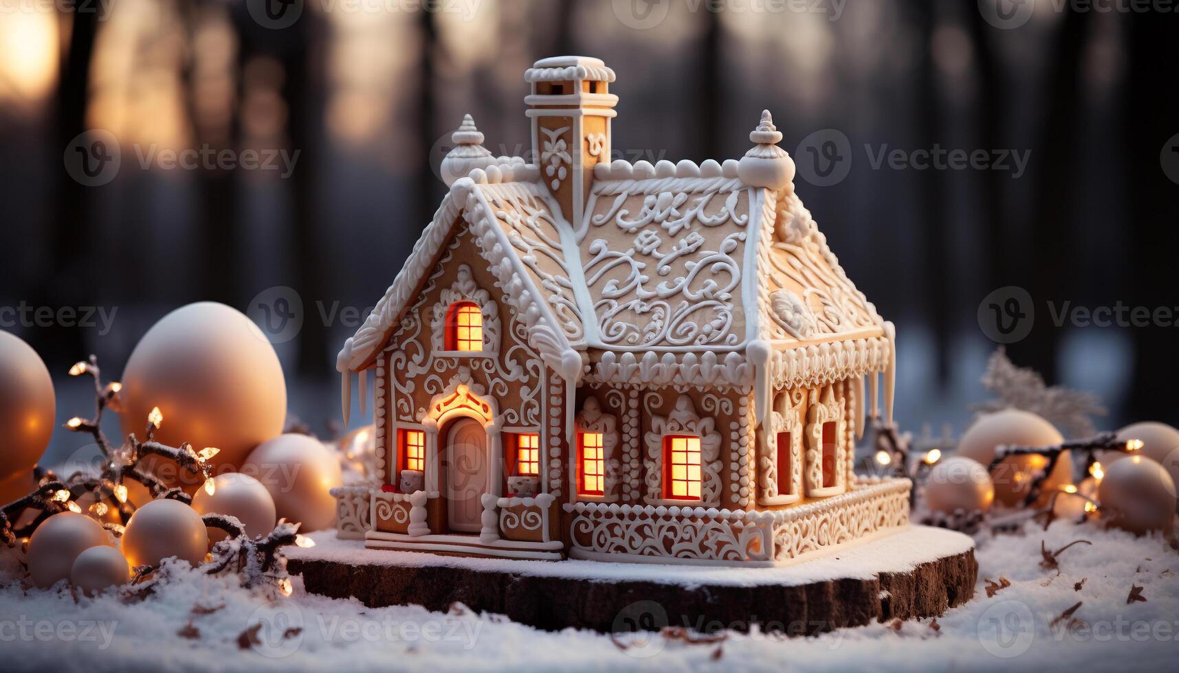 AI generated Winter celebration snow, tree, gingerbread house, dessert, Christmas decoration generated by AI photo