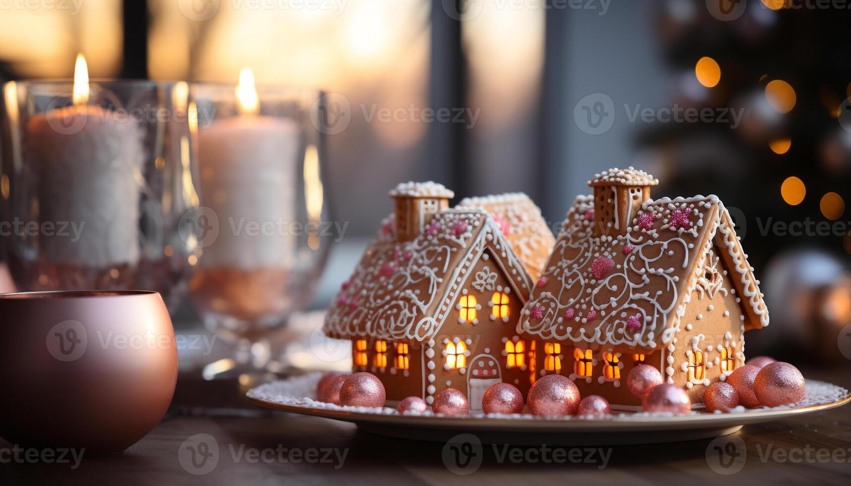 ai generado hecho en casa pan de jengibre casa decorado con dulce Formación de hielo y caramelo generado por ai foto