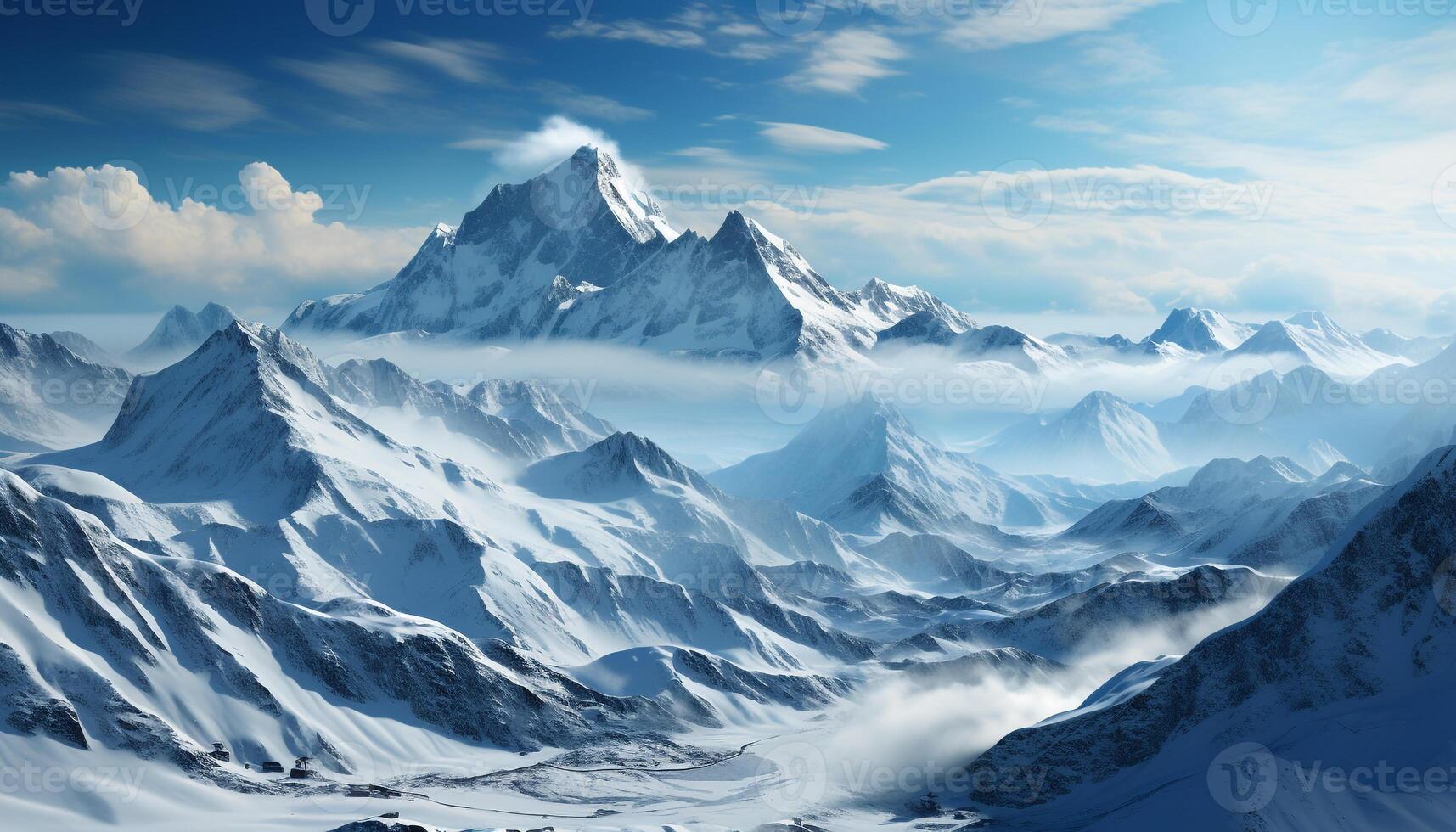 AI generated Majestic mountain range, blue sky, tranquil scene, frozen snowcapped beauty generated by AI photo