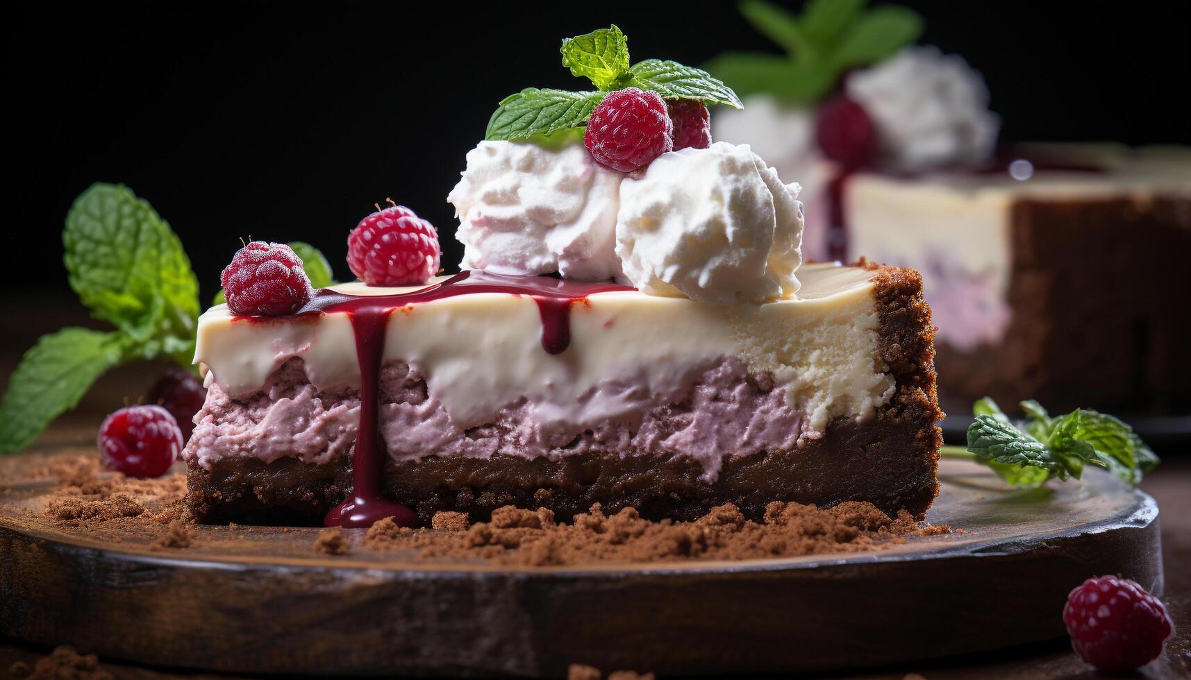 AI generated Homemade gourmet dessert fresh raspberry cheesecake with chocolate and mint generated by AI photo