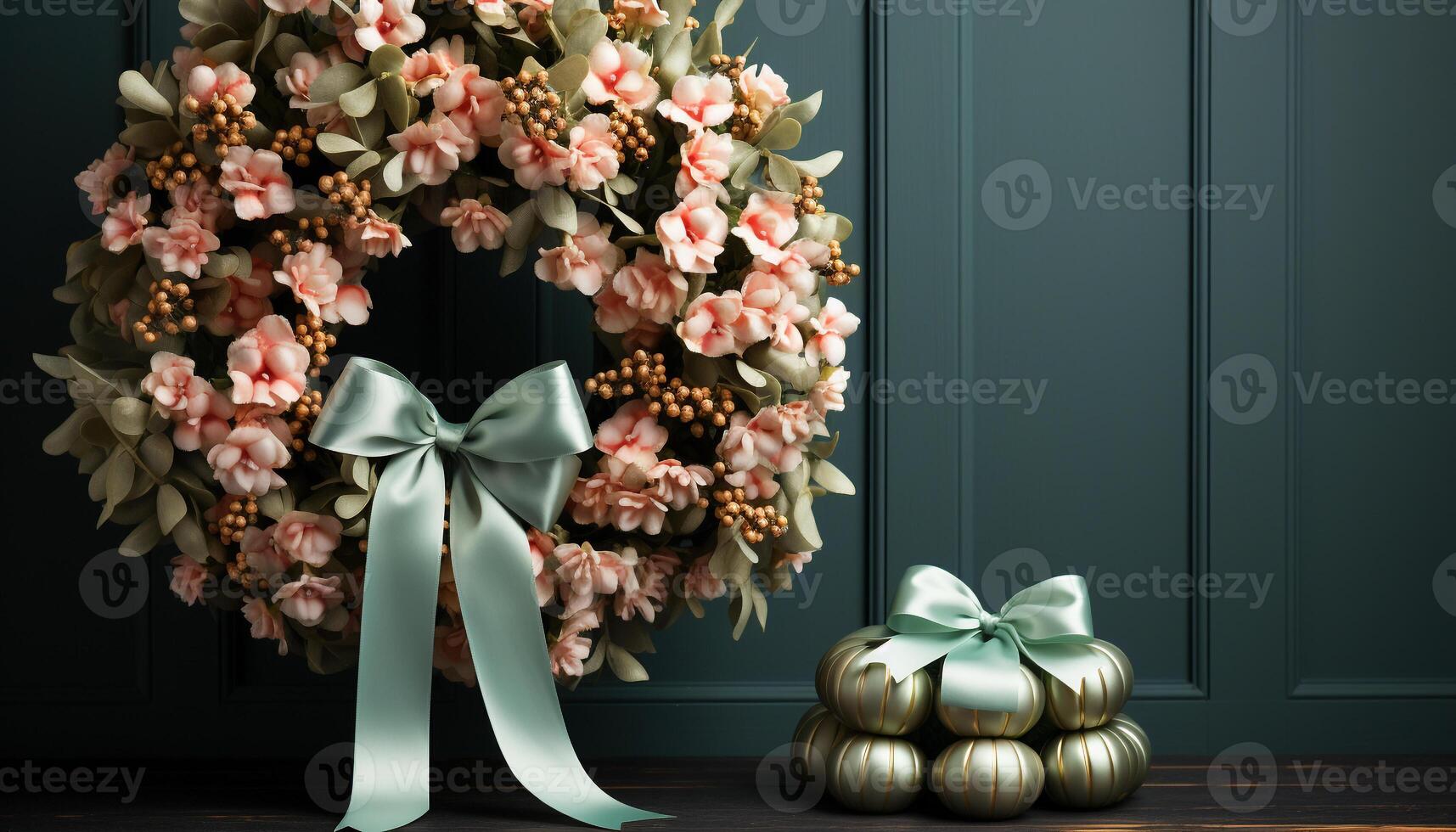 AI generated Romantic wedding celebration with elegant flower bouquet on wooden backdrop generated by AI photo