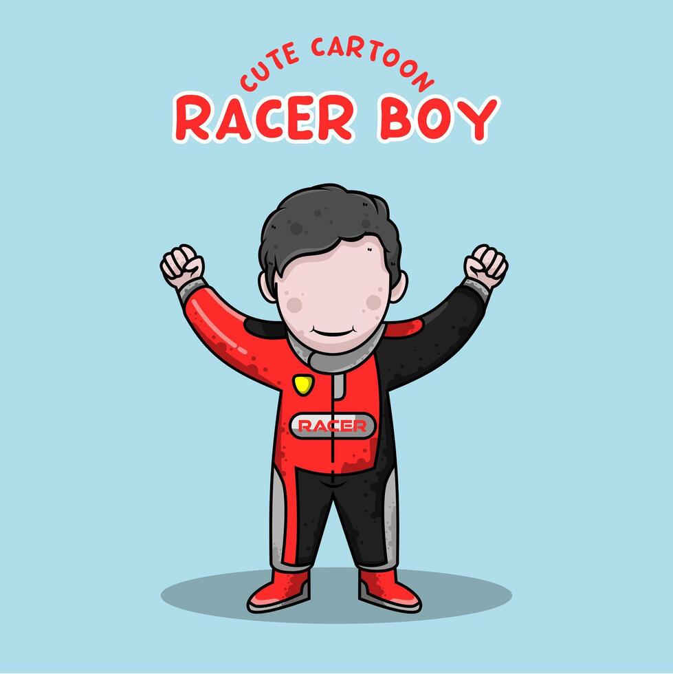 Cute cartoon racer boy wearing helmet and suit vector illustration