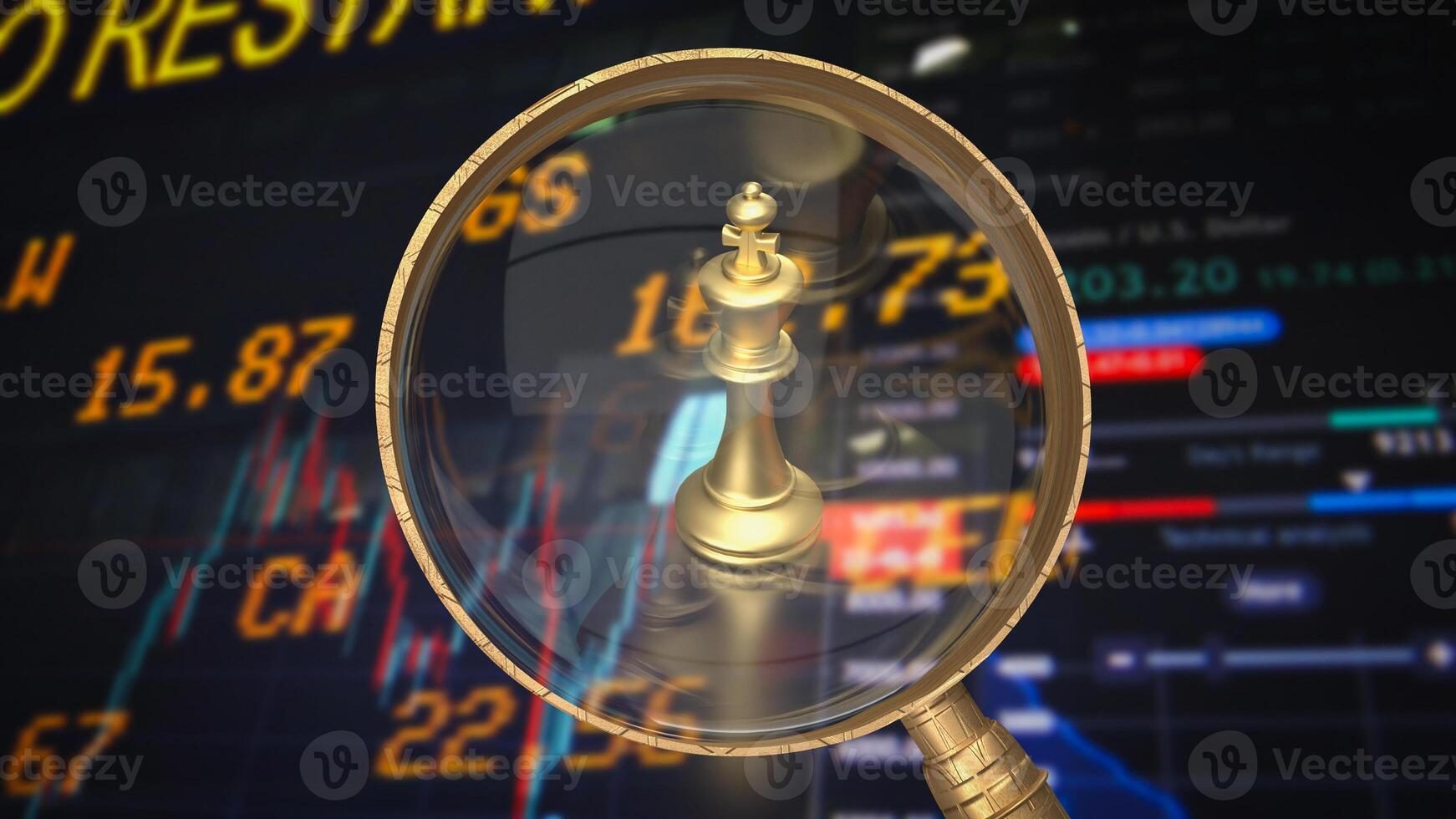 The magnifying glass and Gold king chess for Business concept 3d rendering photo