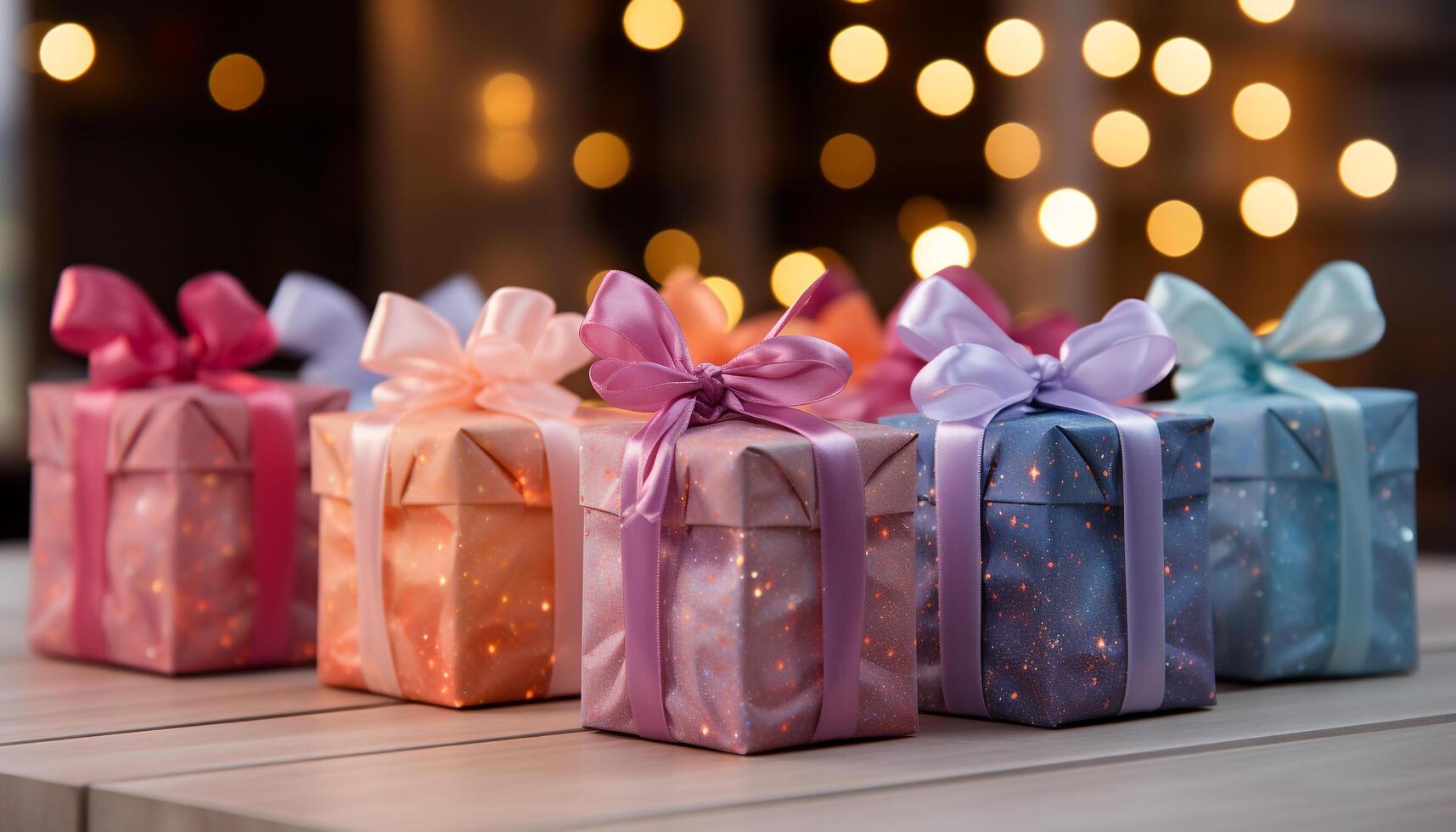 AI generated A large stack of gift boxes, wrapped in colorful paper generated by AI photo