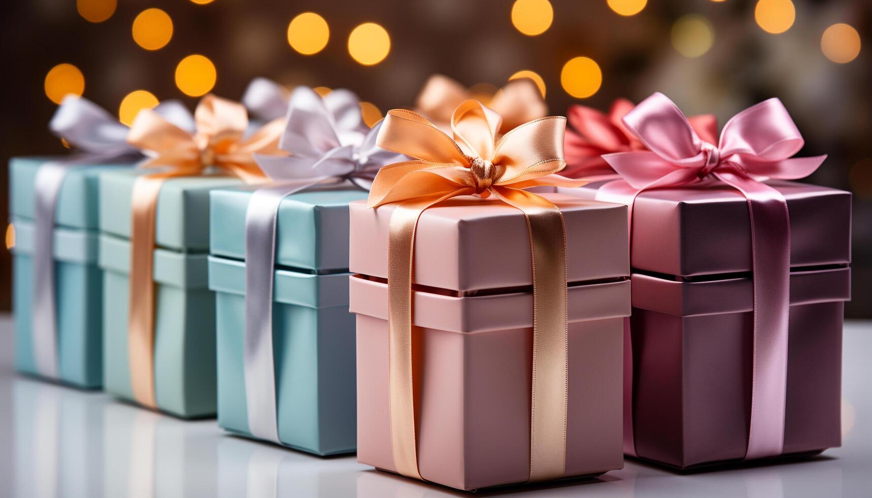 AI generated A stack of wrapped gift boxes, shiny and colorful generated by AI photo