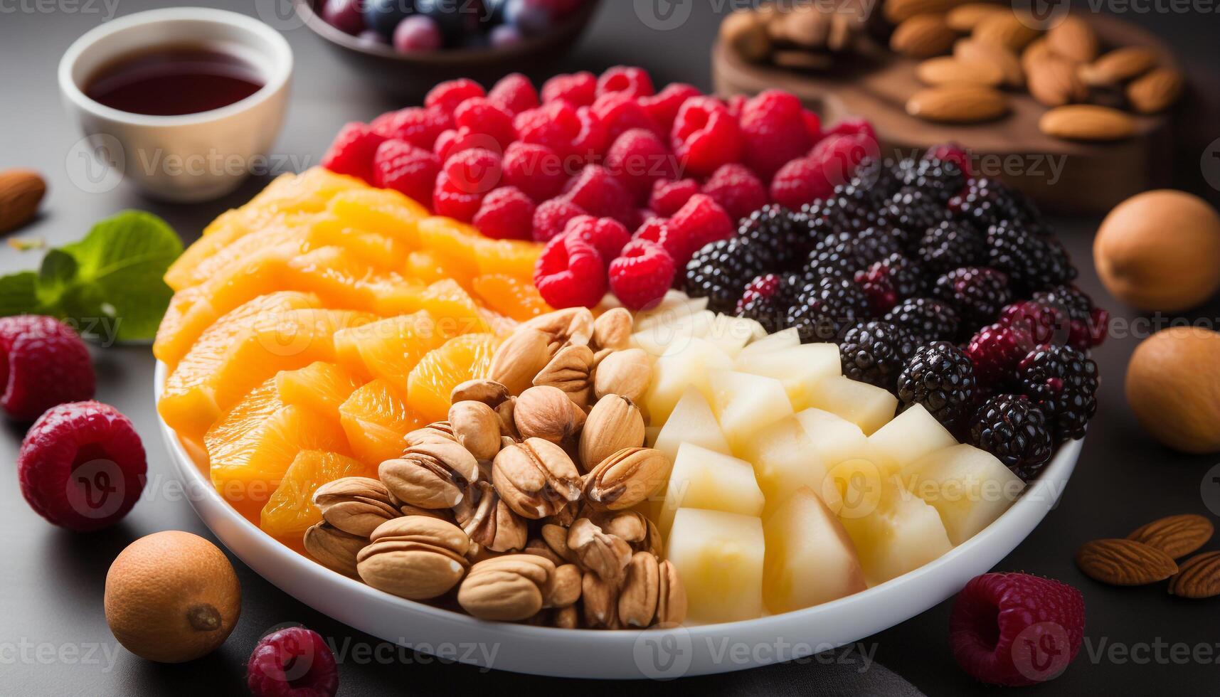 AI generated Fresh fruit salad on wooden table, a healthy summer indulgence generated by AI photo
