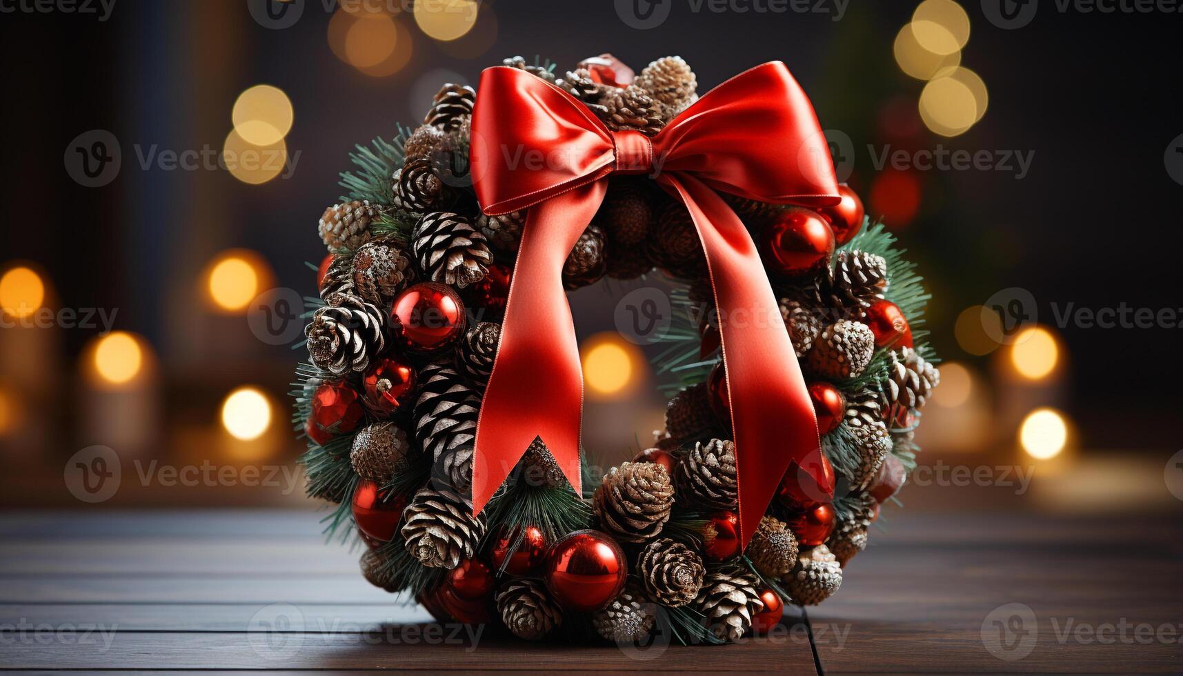 AI generated Winter celebration glowing Christmas tree, gift, illuminated background, shiny ornament generated by AI photo