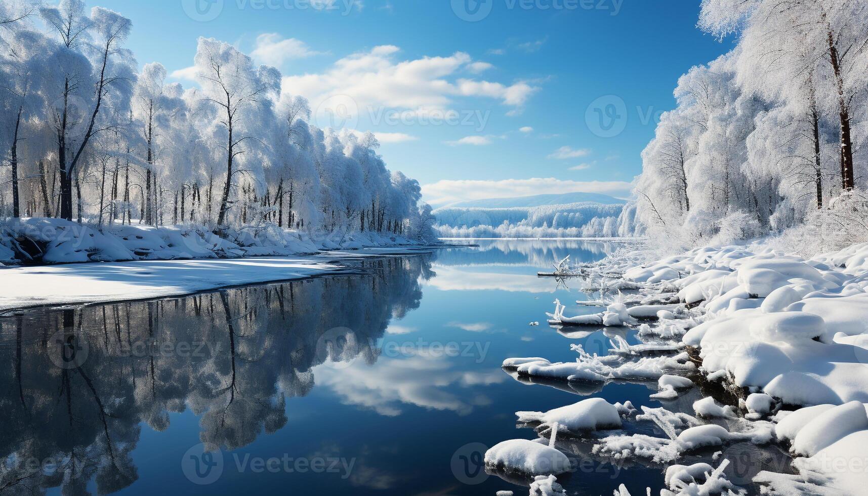AI generated Winter landscape snow covered trees reflect in tranquil icy pond generated by AI photo