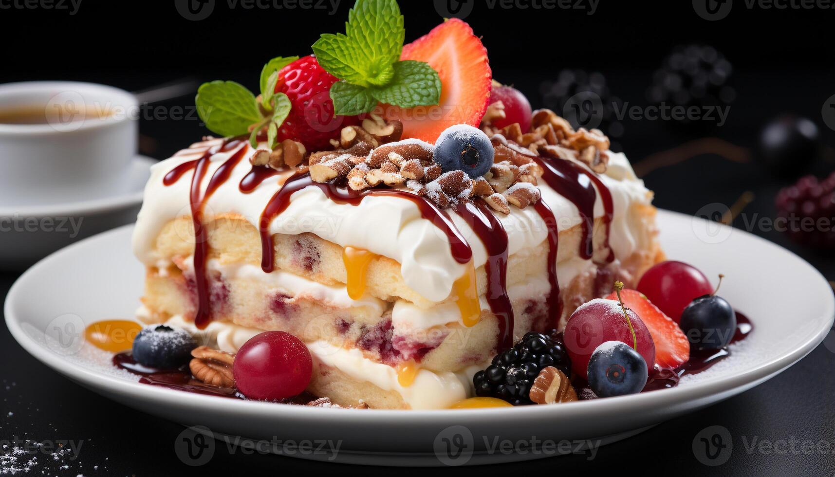 AI generated Homemade gourmet dessert sweet berry cheesecake with fresh whipped cream generated by AI photo
