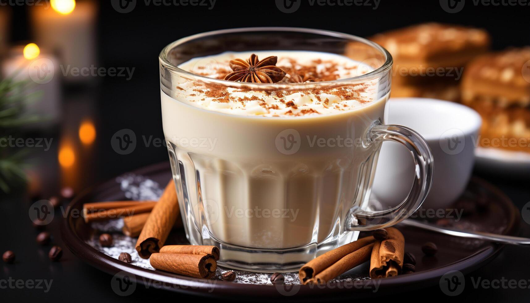 AI generated Hot chocolate with whipped cream on a wooden table generated by AI photo
