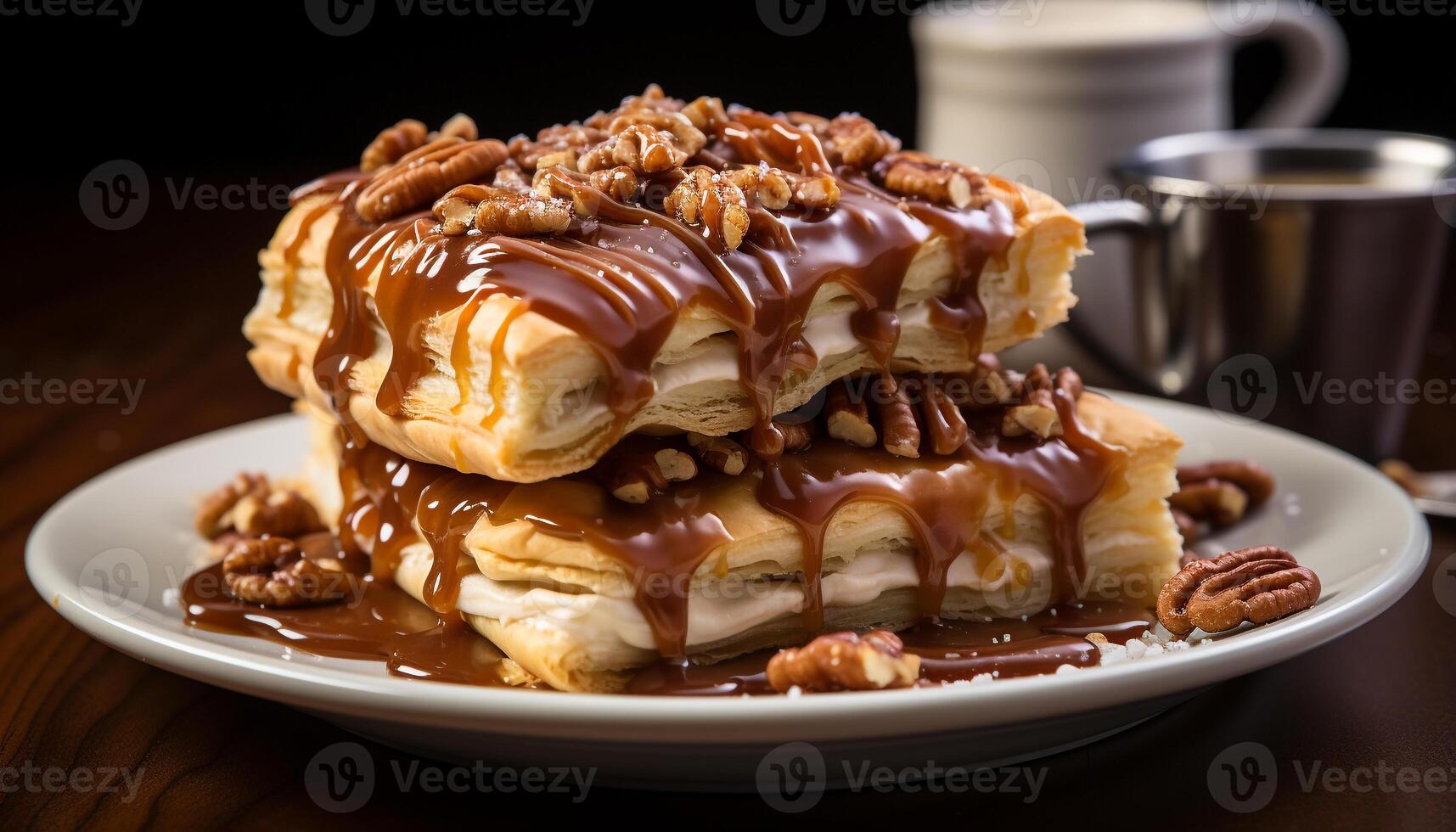 AI generated Freshly baked pancakes stacked high with chocolate sauce and syrup generated by AI photo