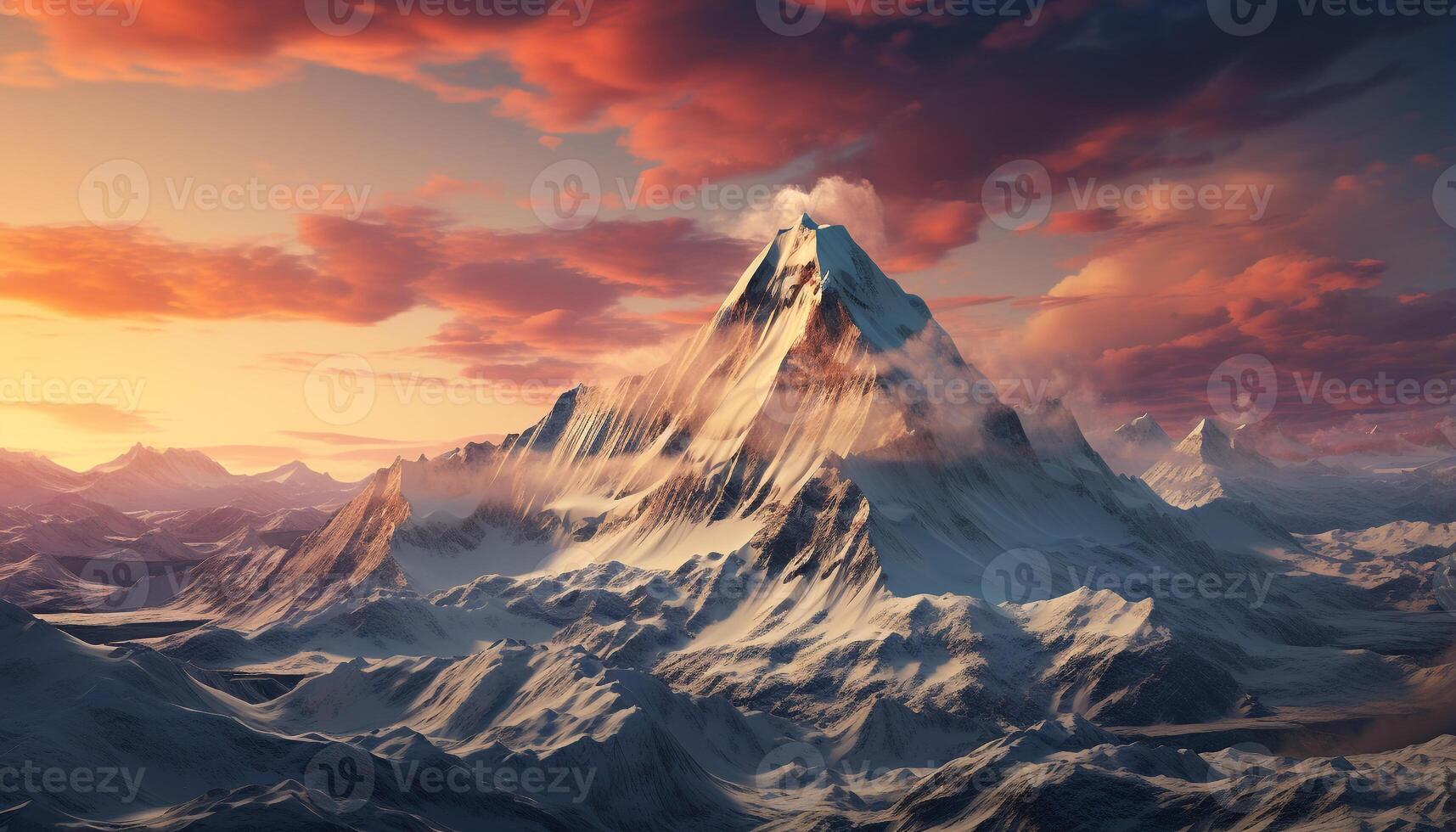 AI generated Majestic mountain peak, snow capped, sunset sky nature breathtaking beauty generated by AI photo