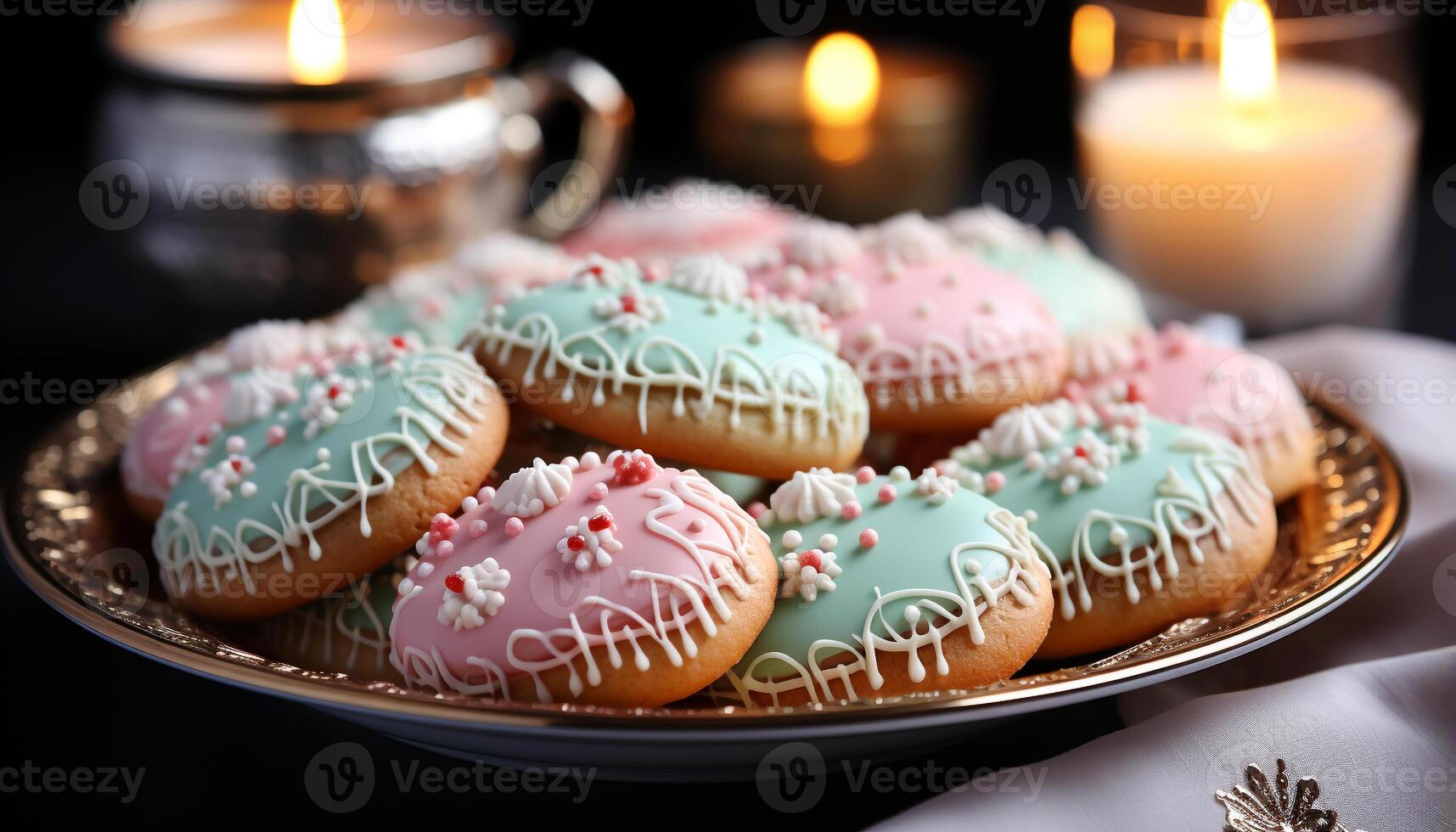AI generated Homemade dessert chocolate cookie with icing decoration and candle generated by AI photo