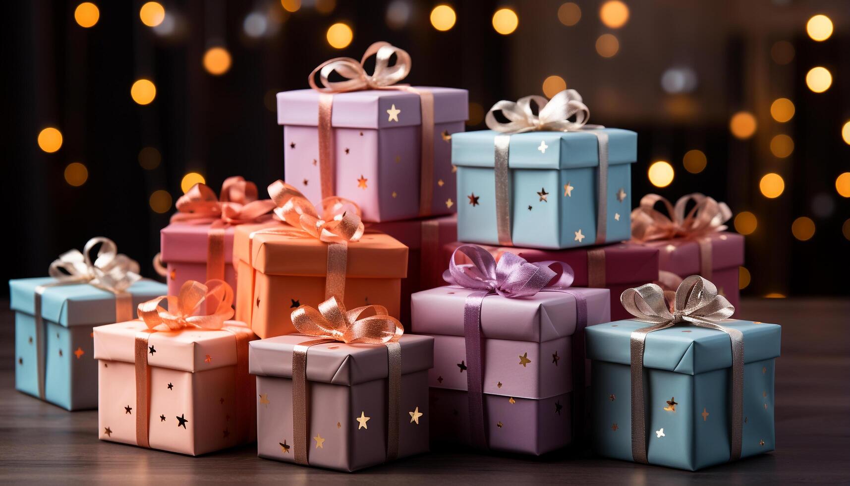 AI generated A stack of wrapped gifts, vibrant colors illuminate the celebration generated by AI photo