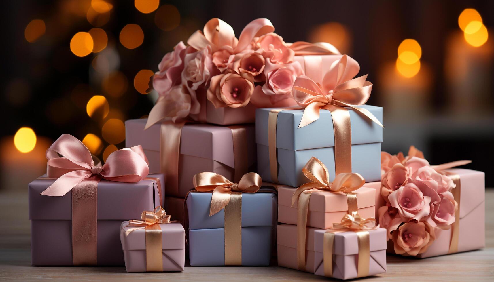 AI generated Celebration box wrapped in shiny paper, illuminated with Christmas lights generated by AI photo