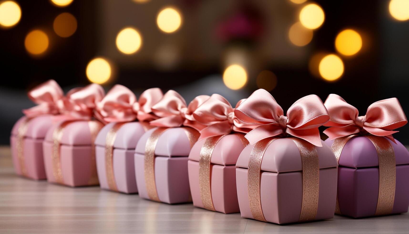 AI generated A stack of wrapped gift boxes on a wooden table generated by AI photo