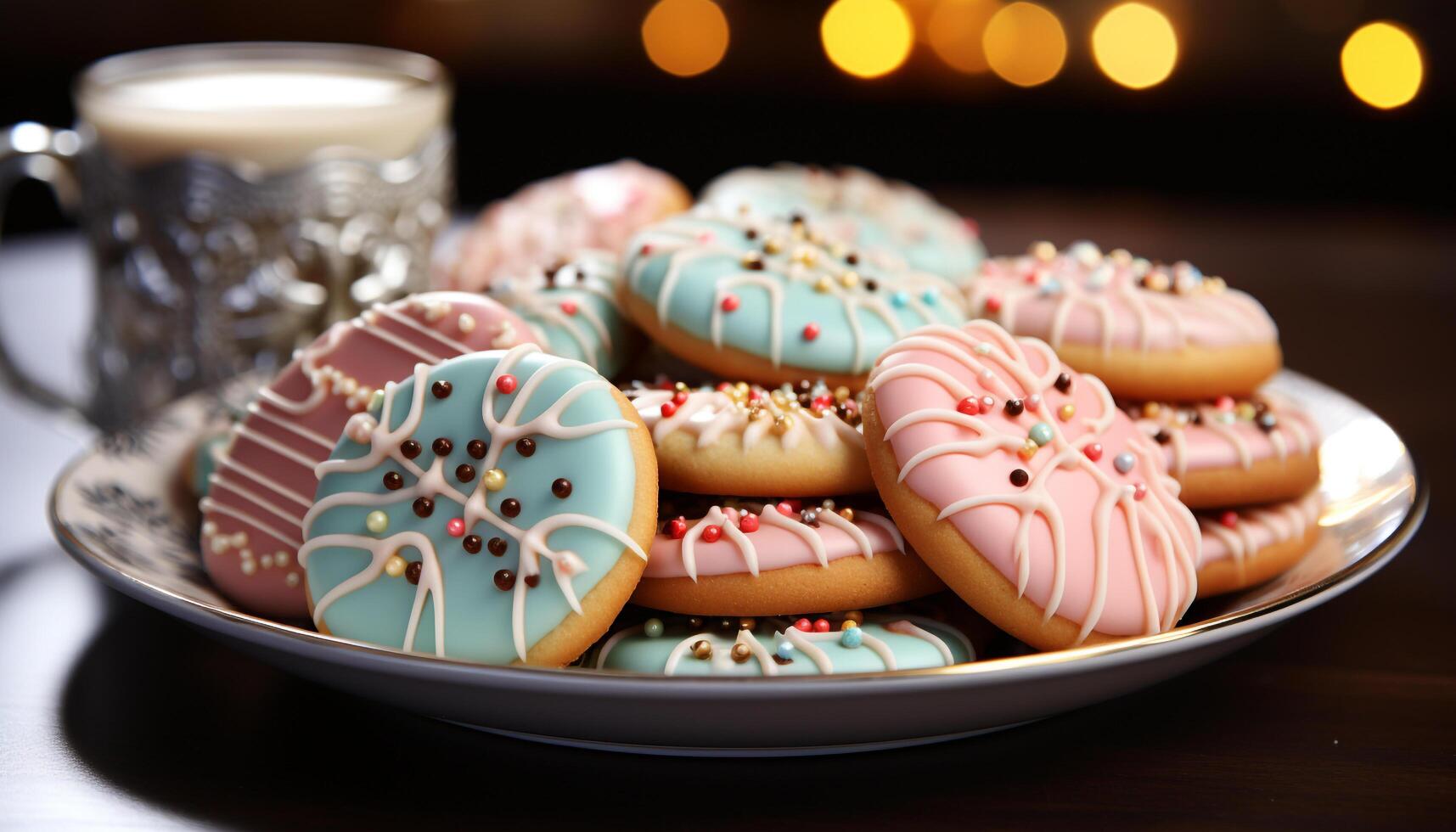 AI generated Freshly baked cookies with colorful icing on a wooden plate generated by AI photo