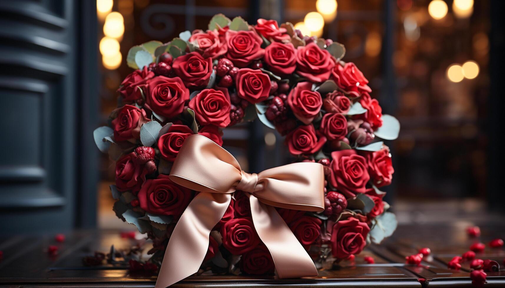 ai generado romántico Boda mesa con elegante flor ramo de flores y vela decoración generado por ai foto