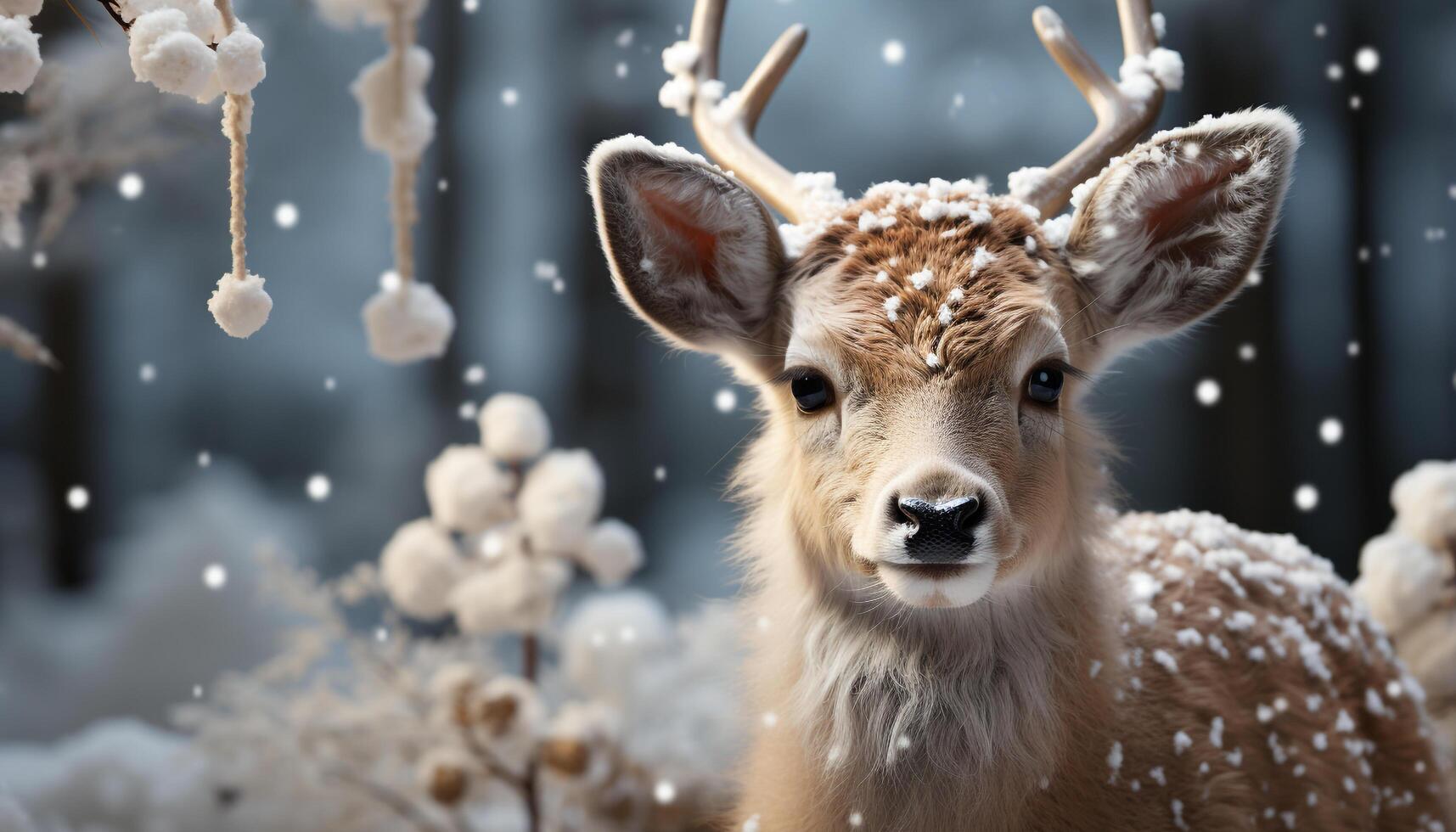 AI generated Cute deer in snow, looking at camera, winter wonderland generated by AI photo