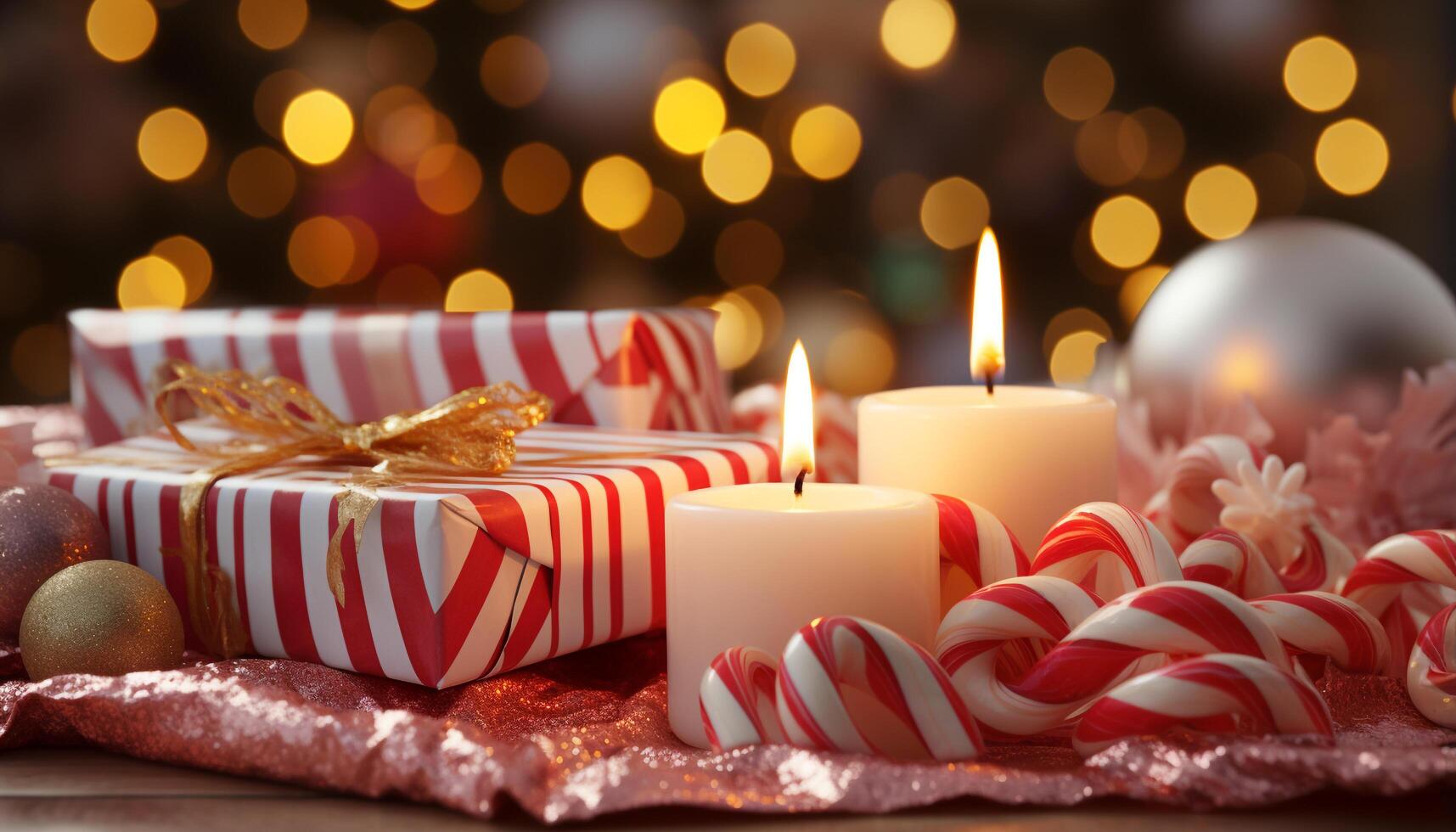 AI generated Celebration gift, candle flame, close up backgrounds fire, winter Christmas lights generated by AI photo